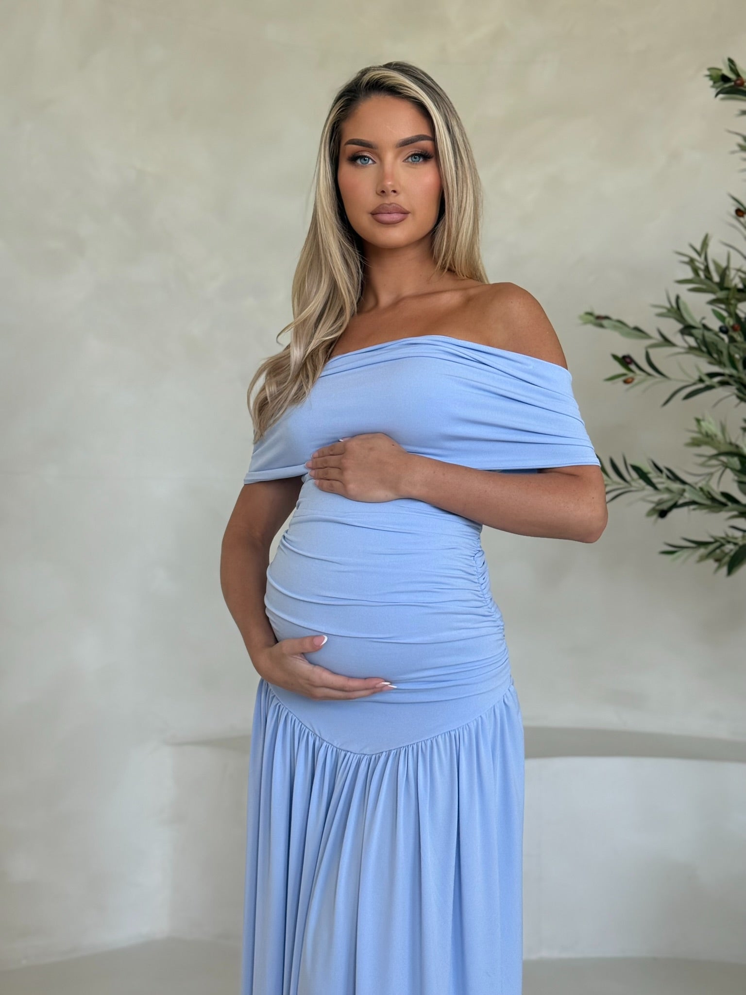 Isla Maternity Off the Shoulder maxi Dress Baby Blue