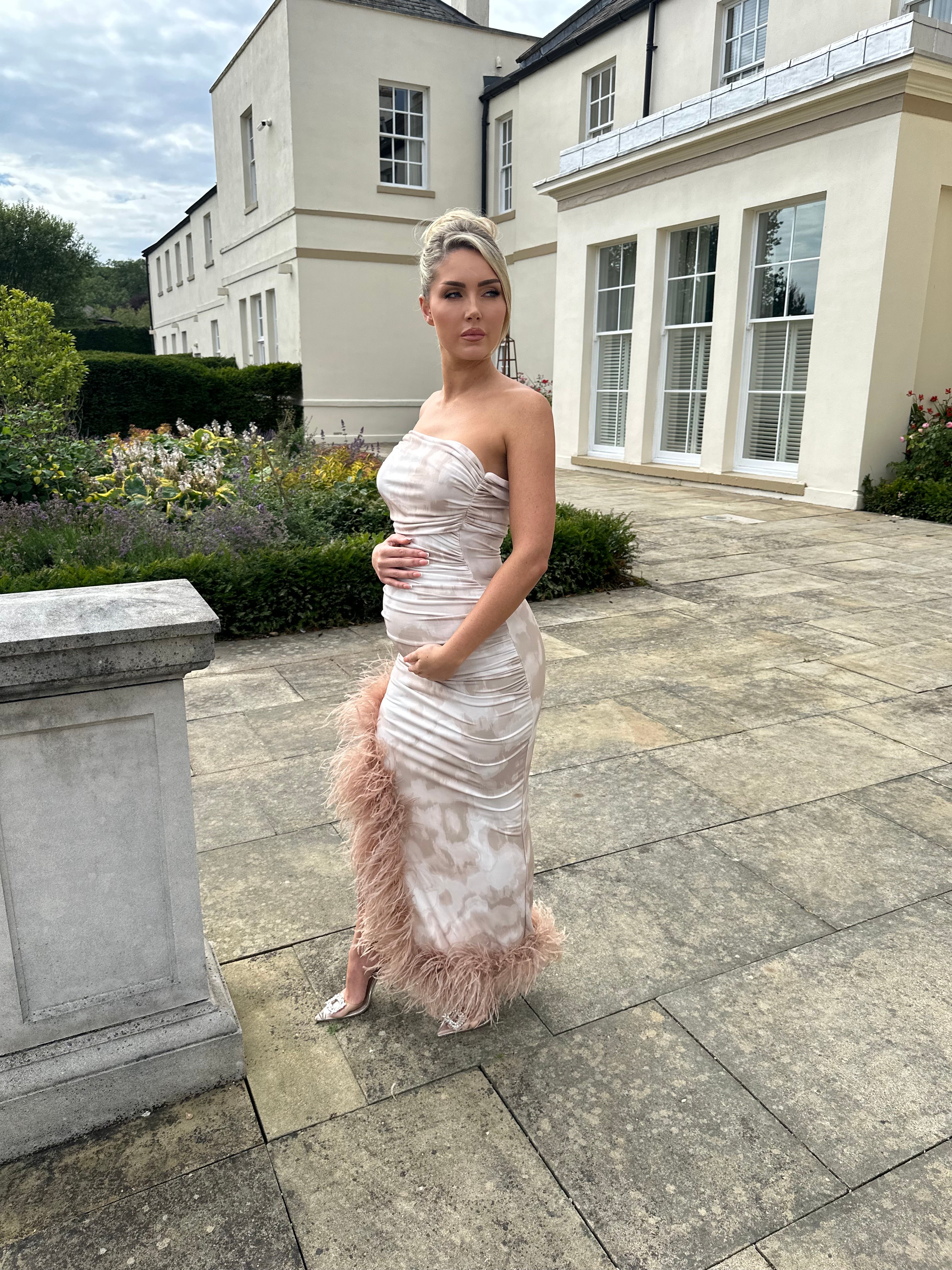 April Sleeveless Maternity Ostrich Feather Dress Nude Smudge