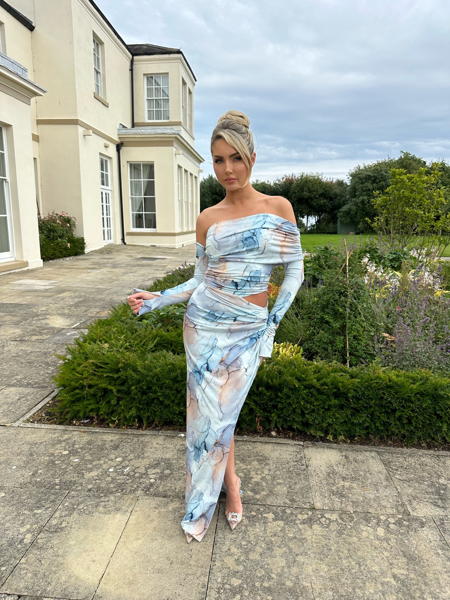 blue marble long sleeve dress Olivia Asymmetric Two Sleeve Dress Blue Marble