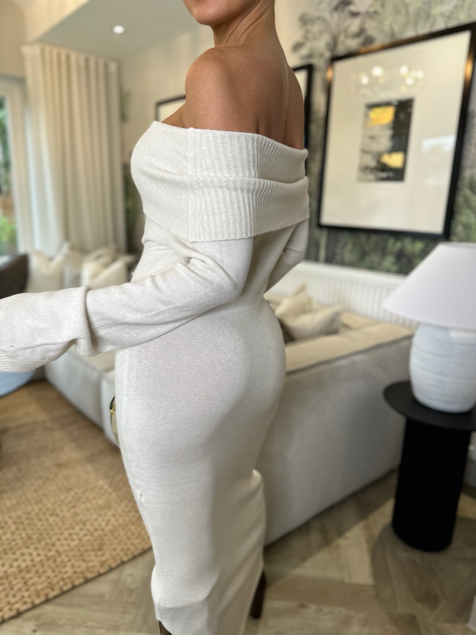 Knit Bardot Shoulder Midi Dress Cream Knit Bardot Shoulder Midi Dress Cream