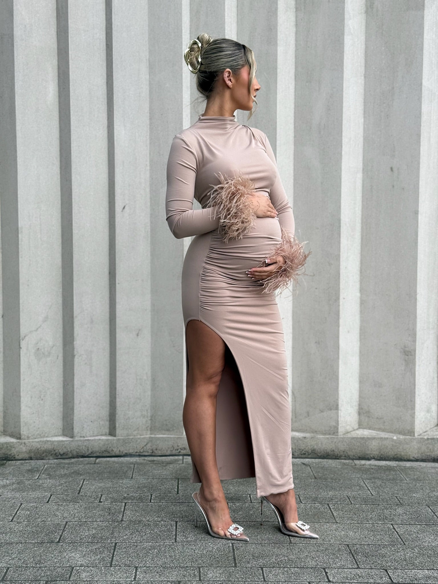 Kourtney Midi Ostrich Feather Maternity Dress Beige