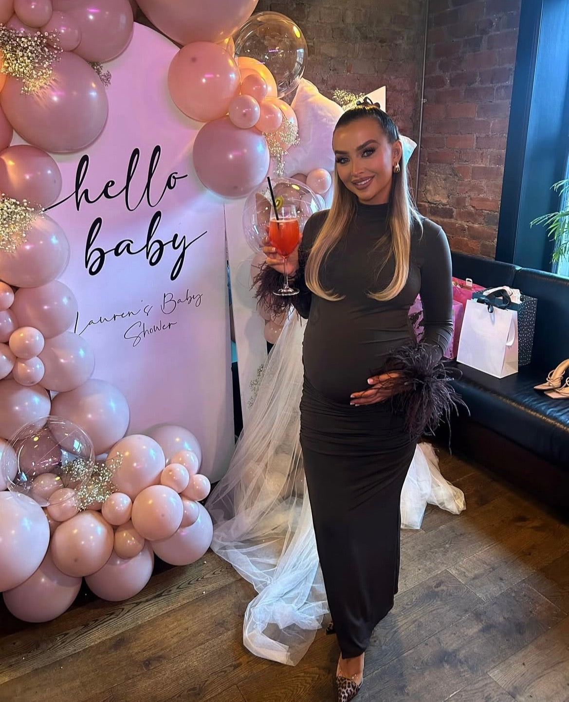 Kourtney Midi Ostrich Feather Maternity Dress Chocolate Brown