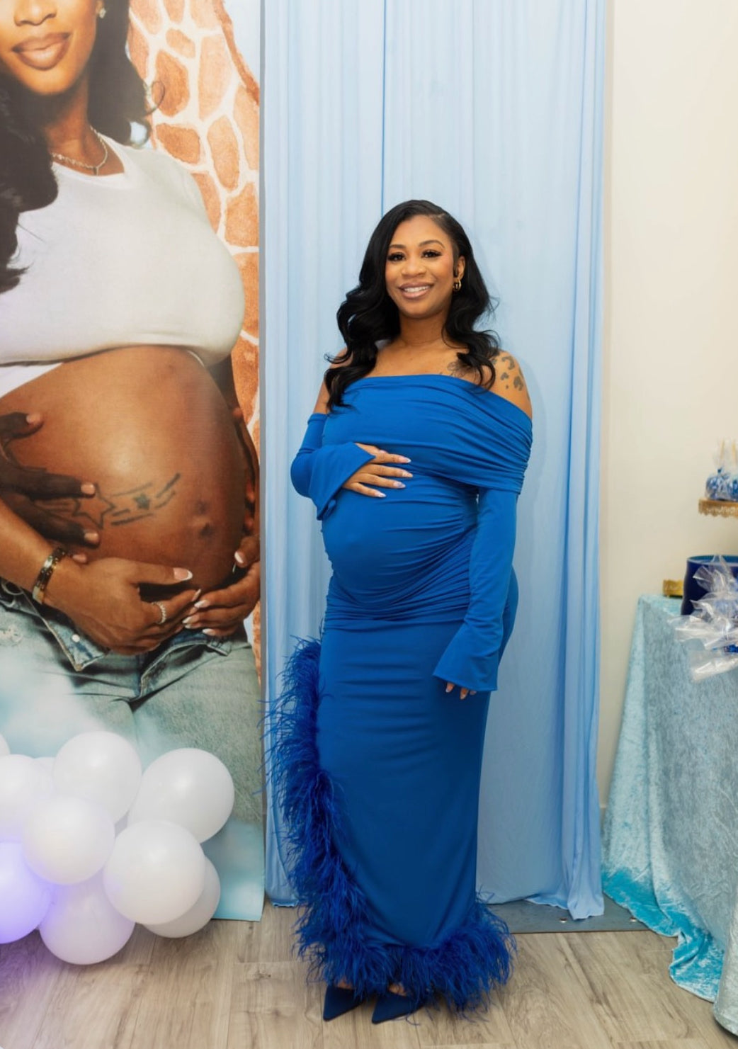 April Two Sleeve Maternity Ostrich Feather Dress Royal Blue