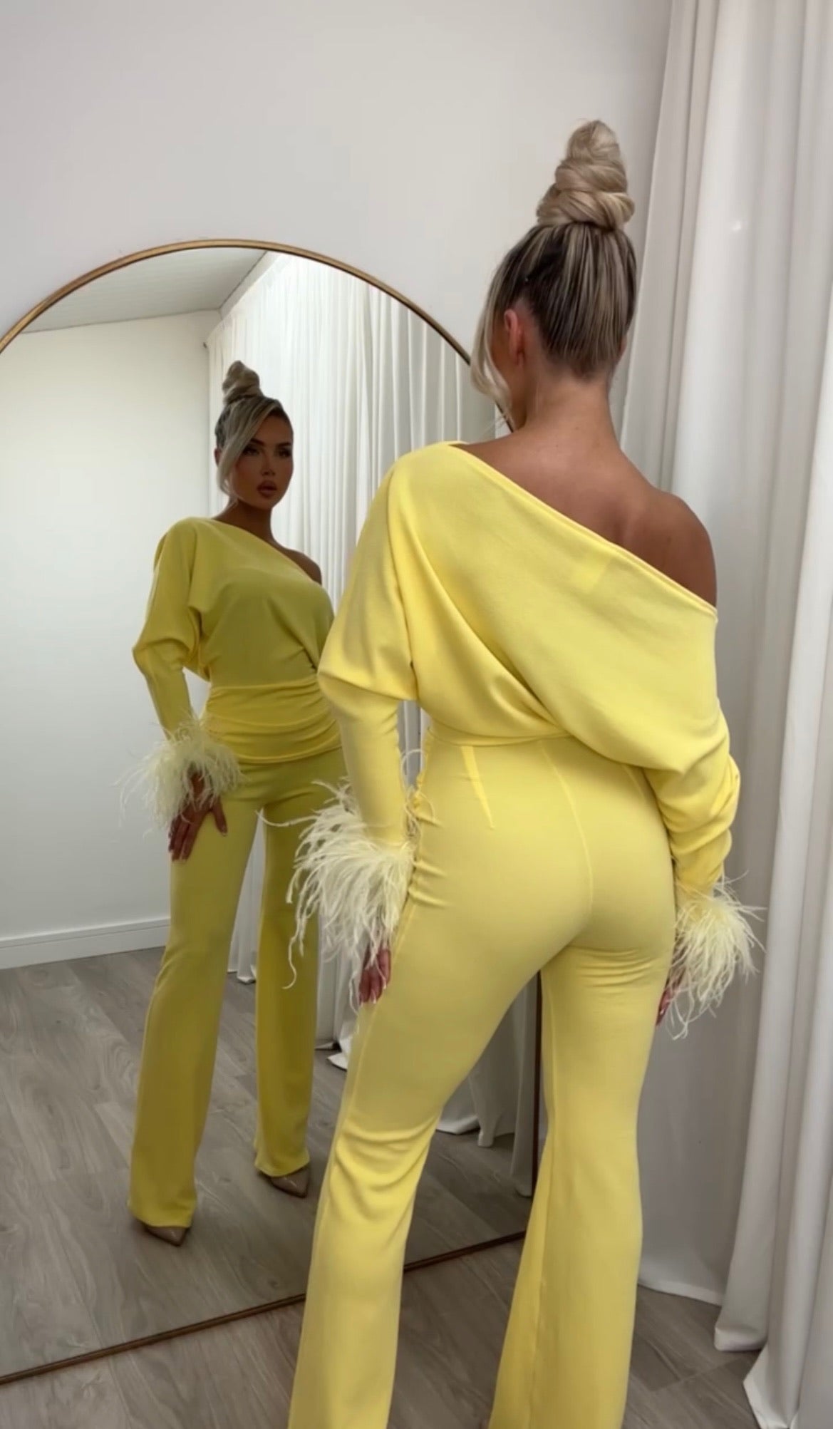 Arella Feather Jumpsuit Yellow