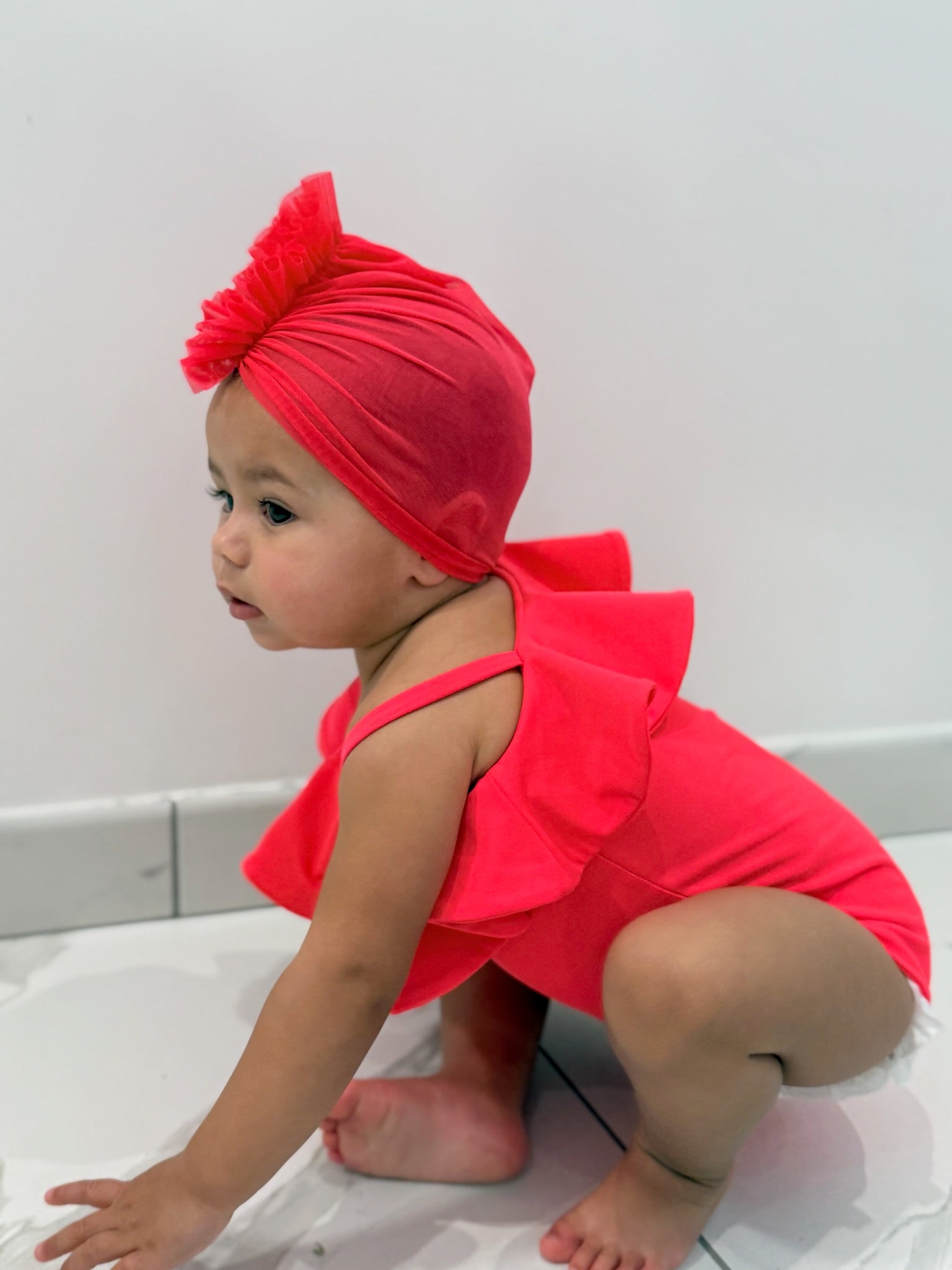 Mini Neon Red Ruffle Turban