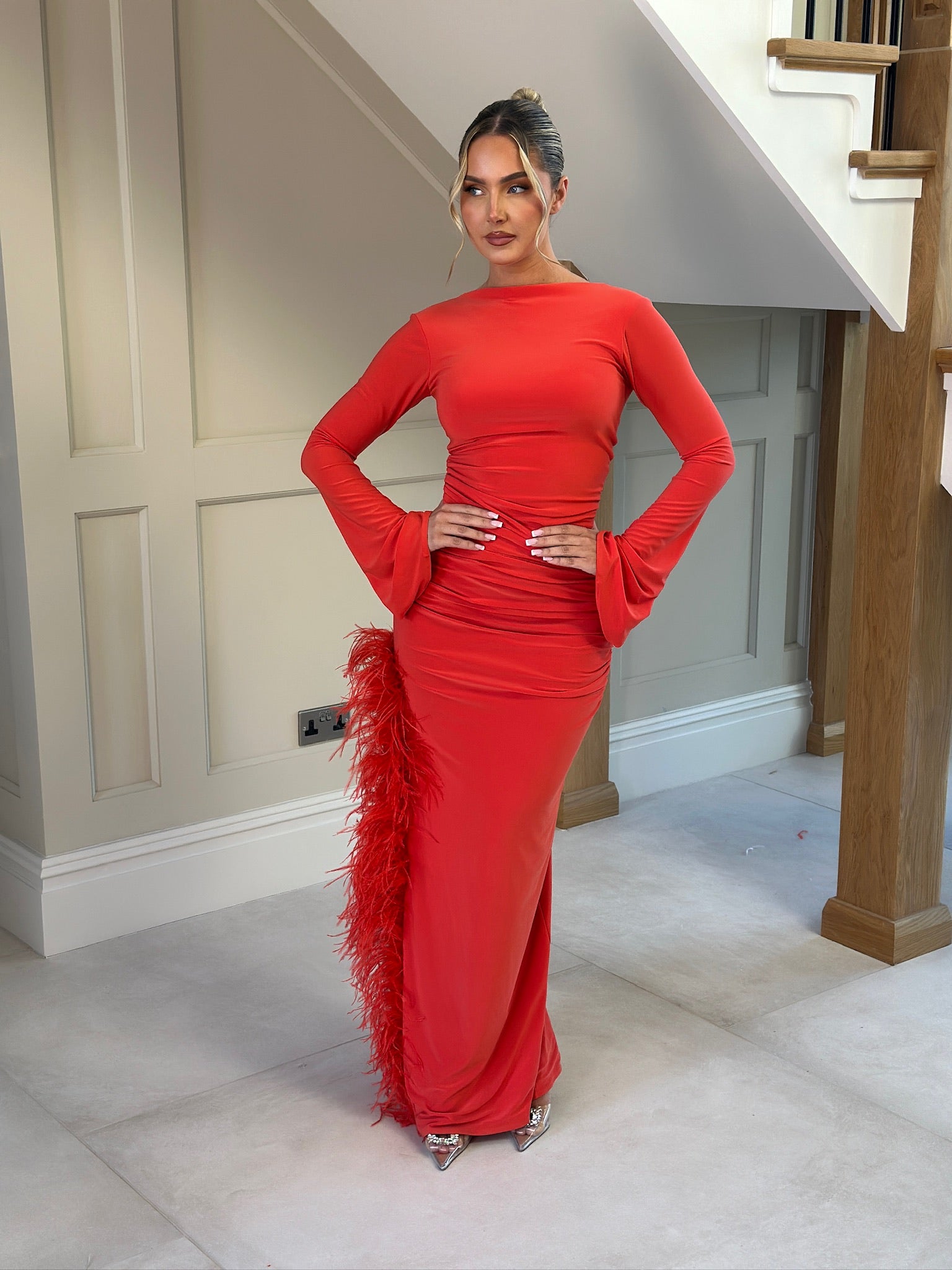 Claudia Ostrich Feather Dress Blood Orange