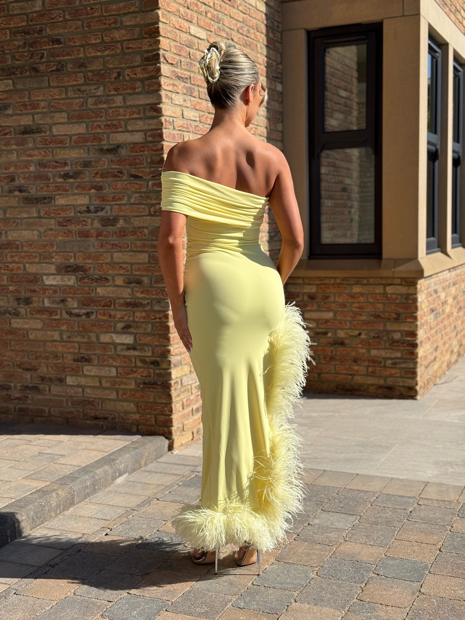 April Sleeveless Midi Ostrich Feather Dress Yellow