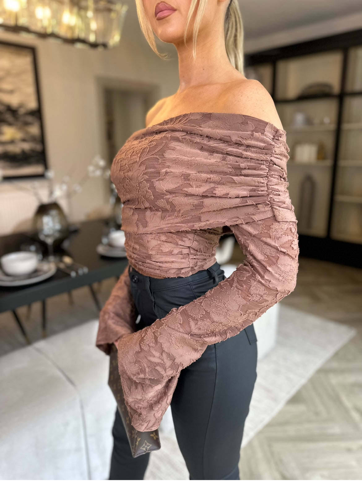 Olivia Sheer Floral Top Almond Brown