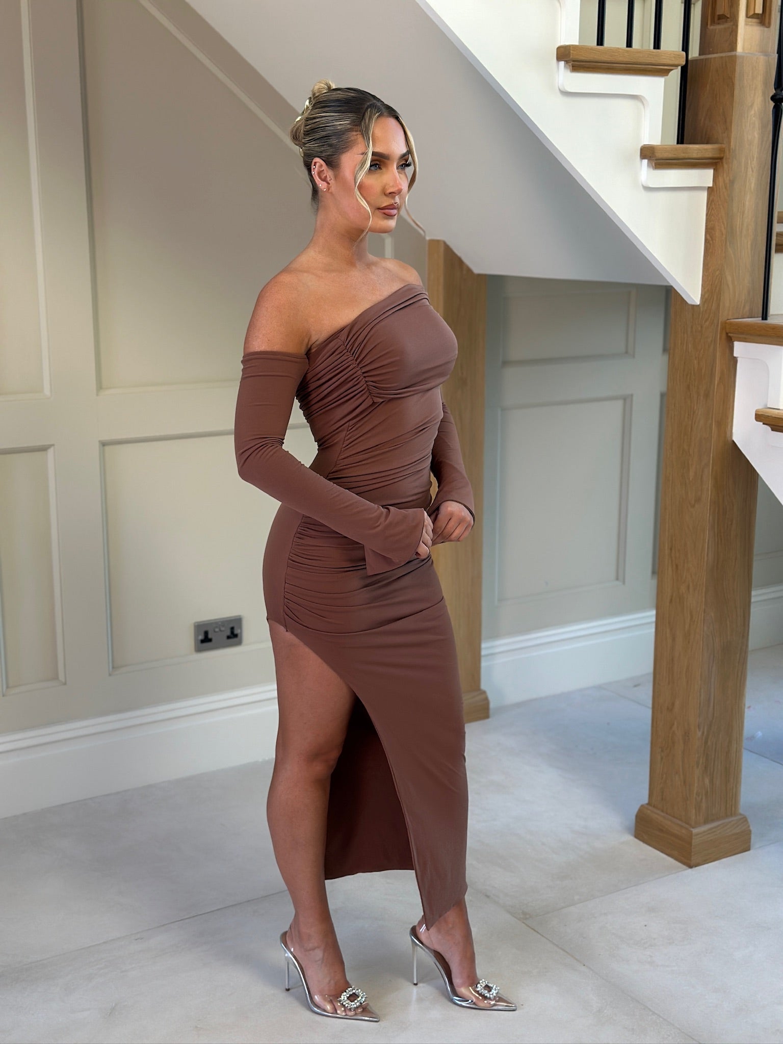 April Two Sleeve Midi Dress Almond Brown