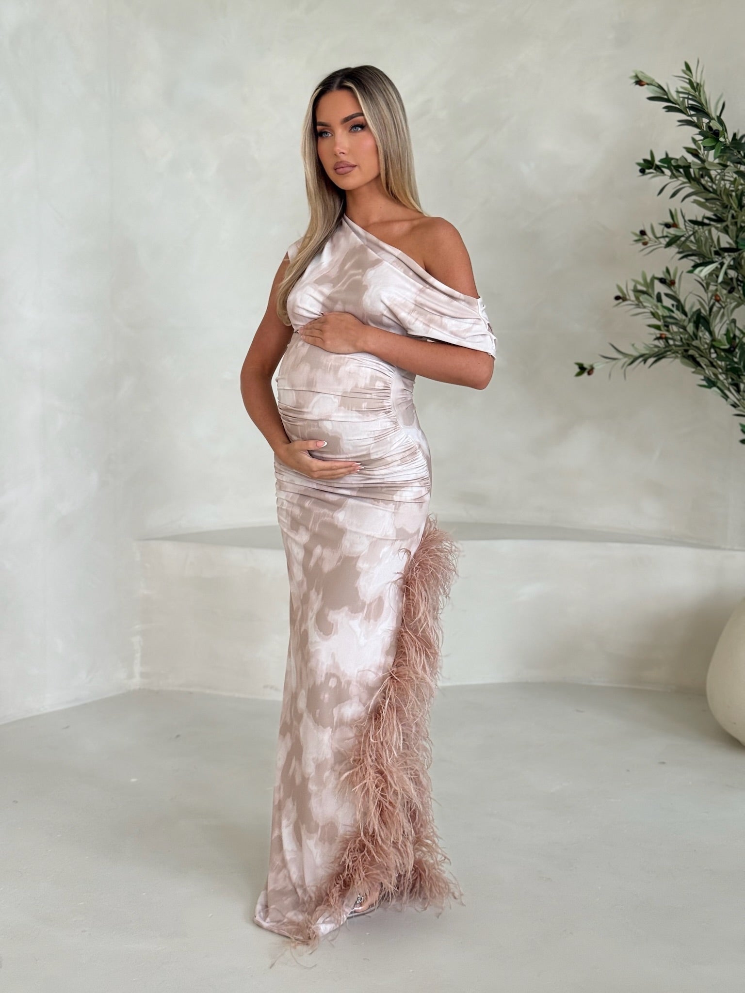 Sydney Maternity Ostrich Feather Dress Nude Smudge