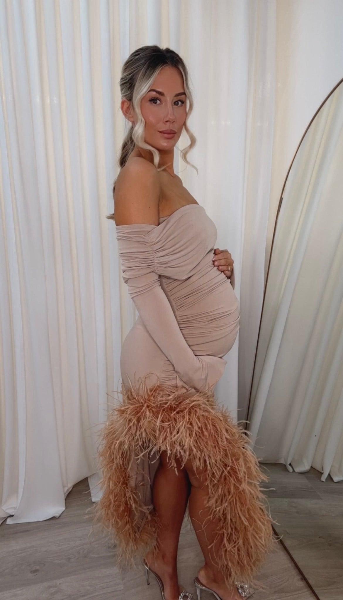 April Maternity Ostrich Feather Dress Beige