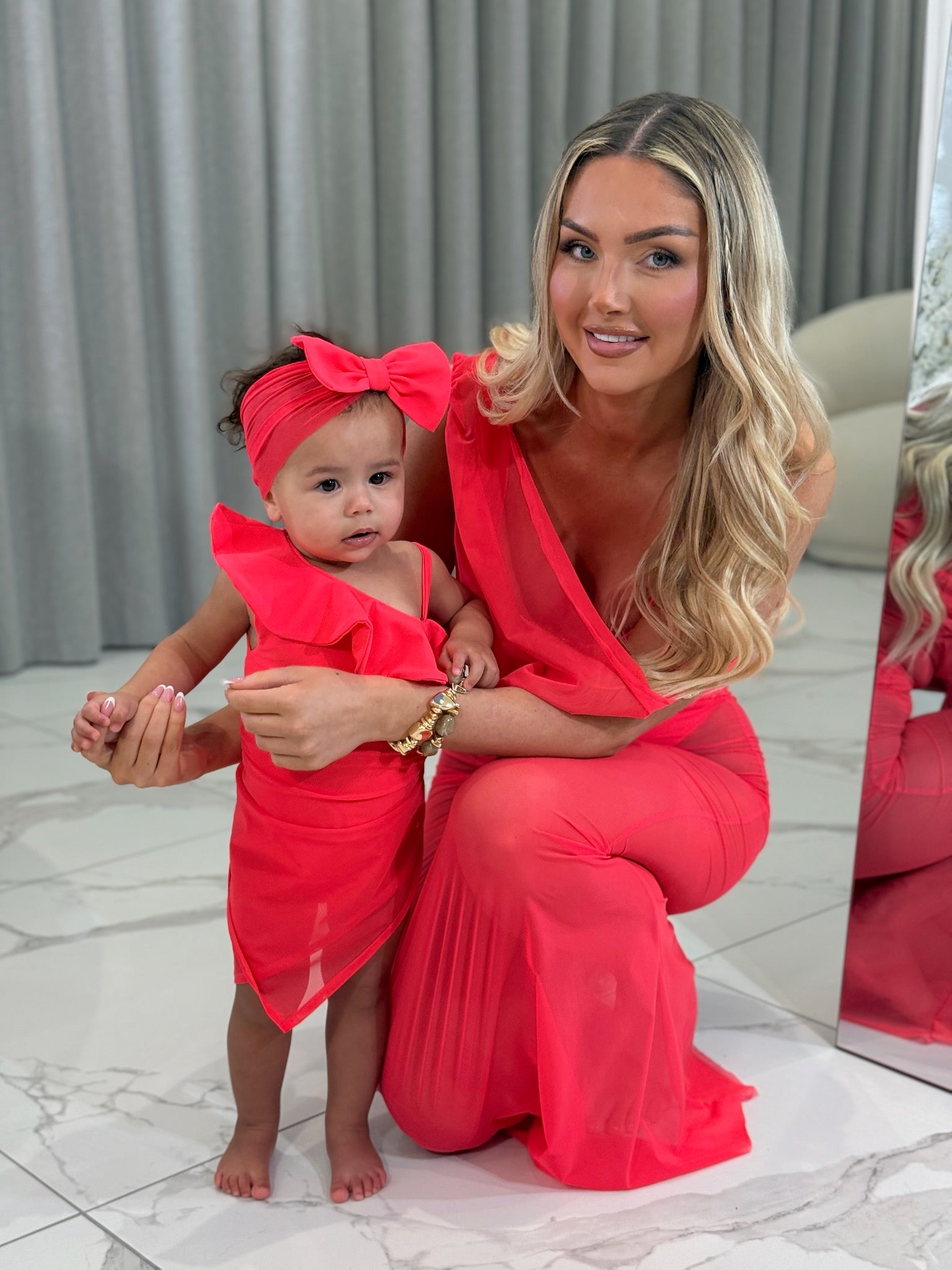 Neon Red Gold Ring Mesh Dress