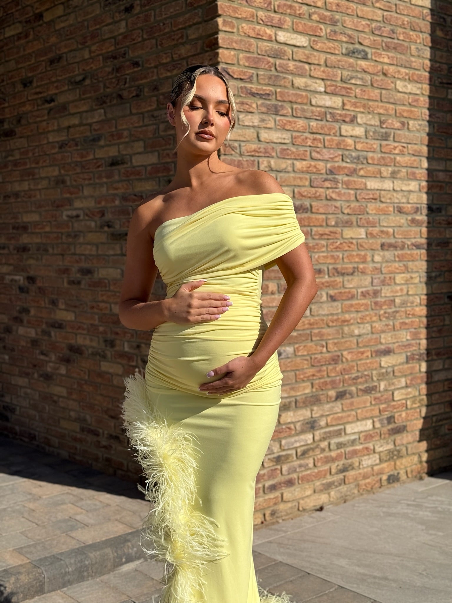 April Sleeveless Maternity Ostrich Feather Dress Yellow