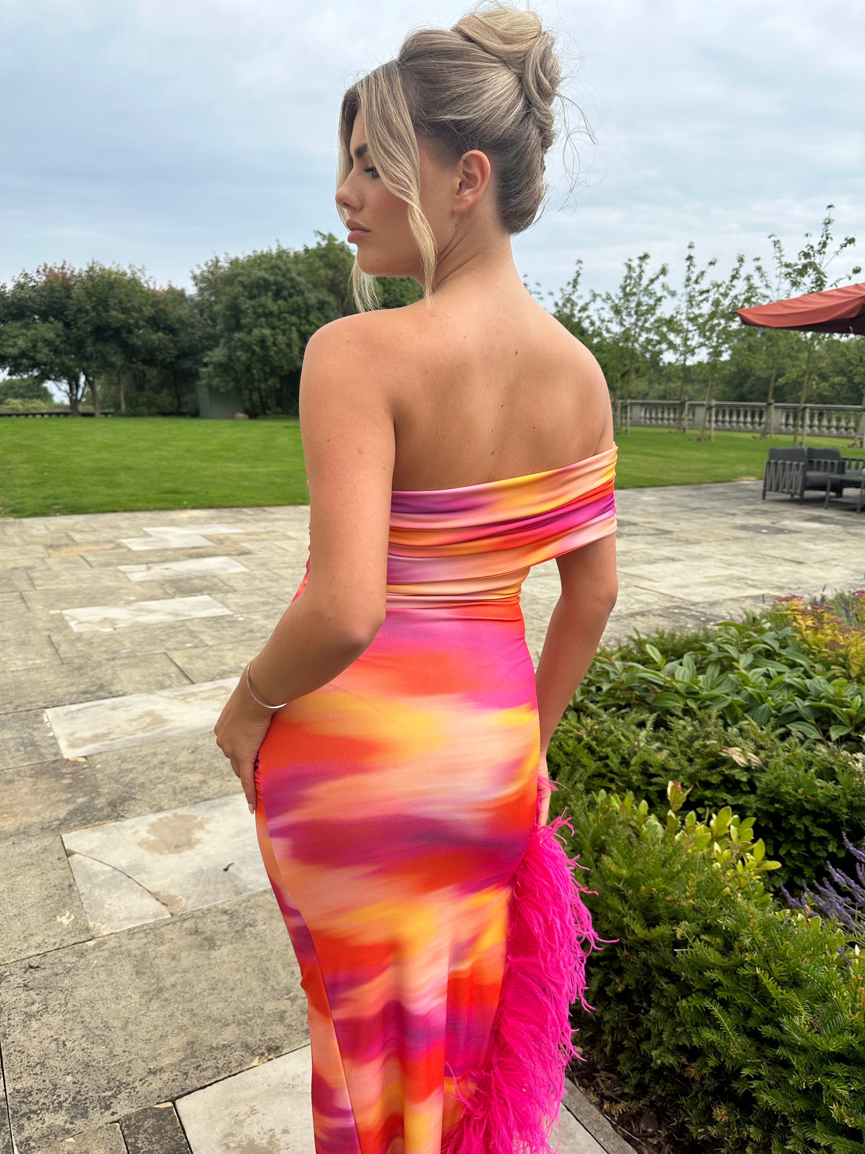 April Sleeveless Midi Ostrich Feather Dress Pink Sunset