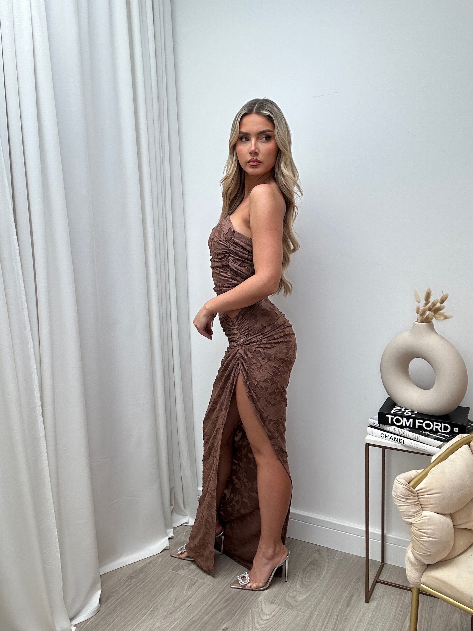 Olivia Asymmetric sleeveless Dress sheer Almond Brown