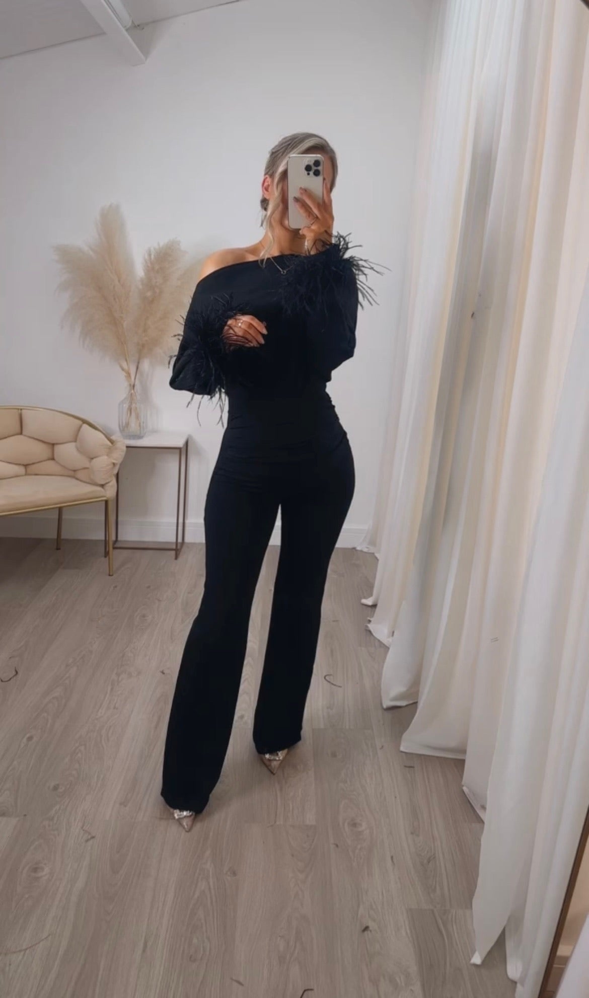 Arella Feather Jumpsuit Black