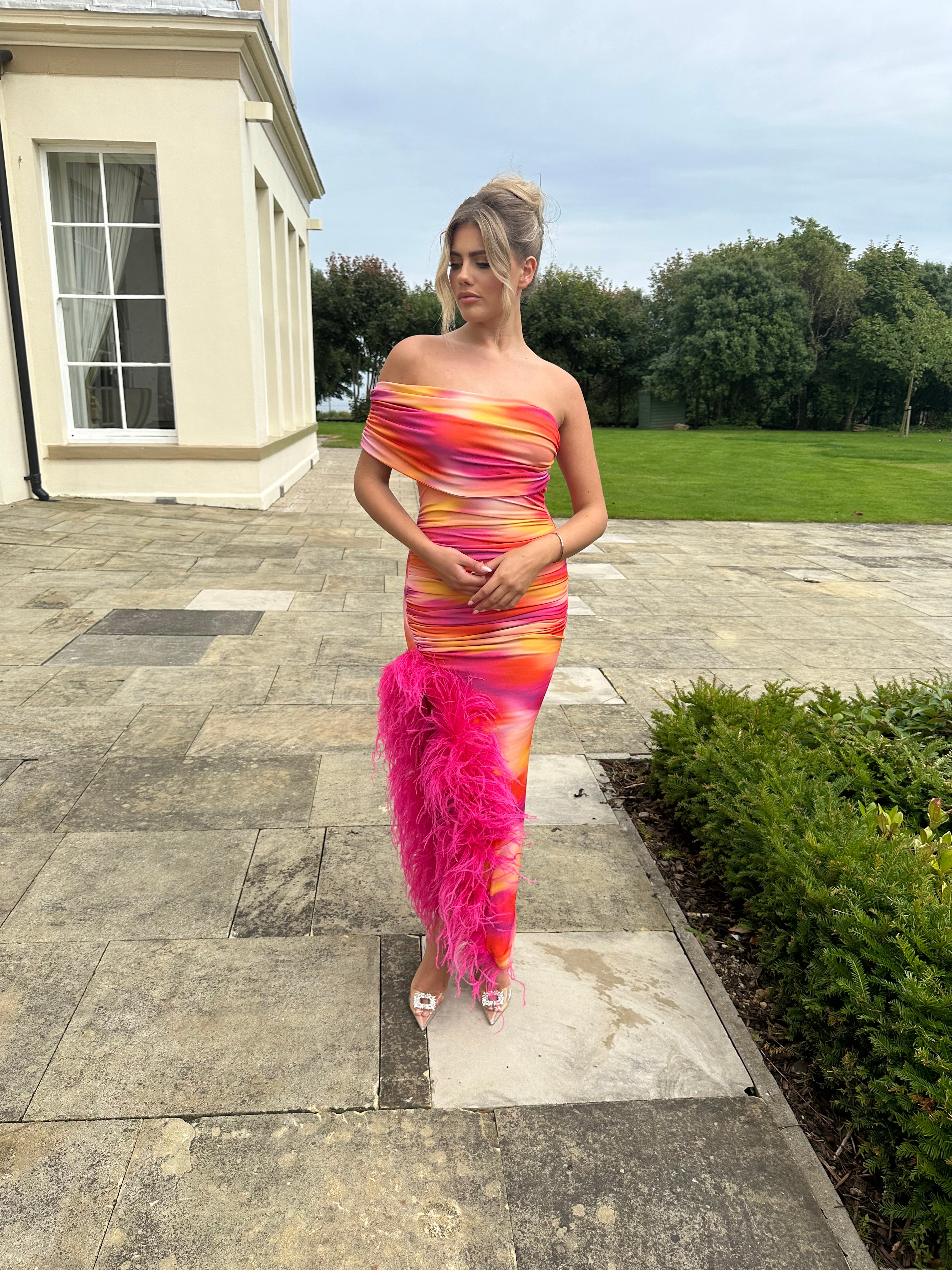 April Sleeveless Midi Ostrich Feather Dress Pink Sunset