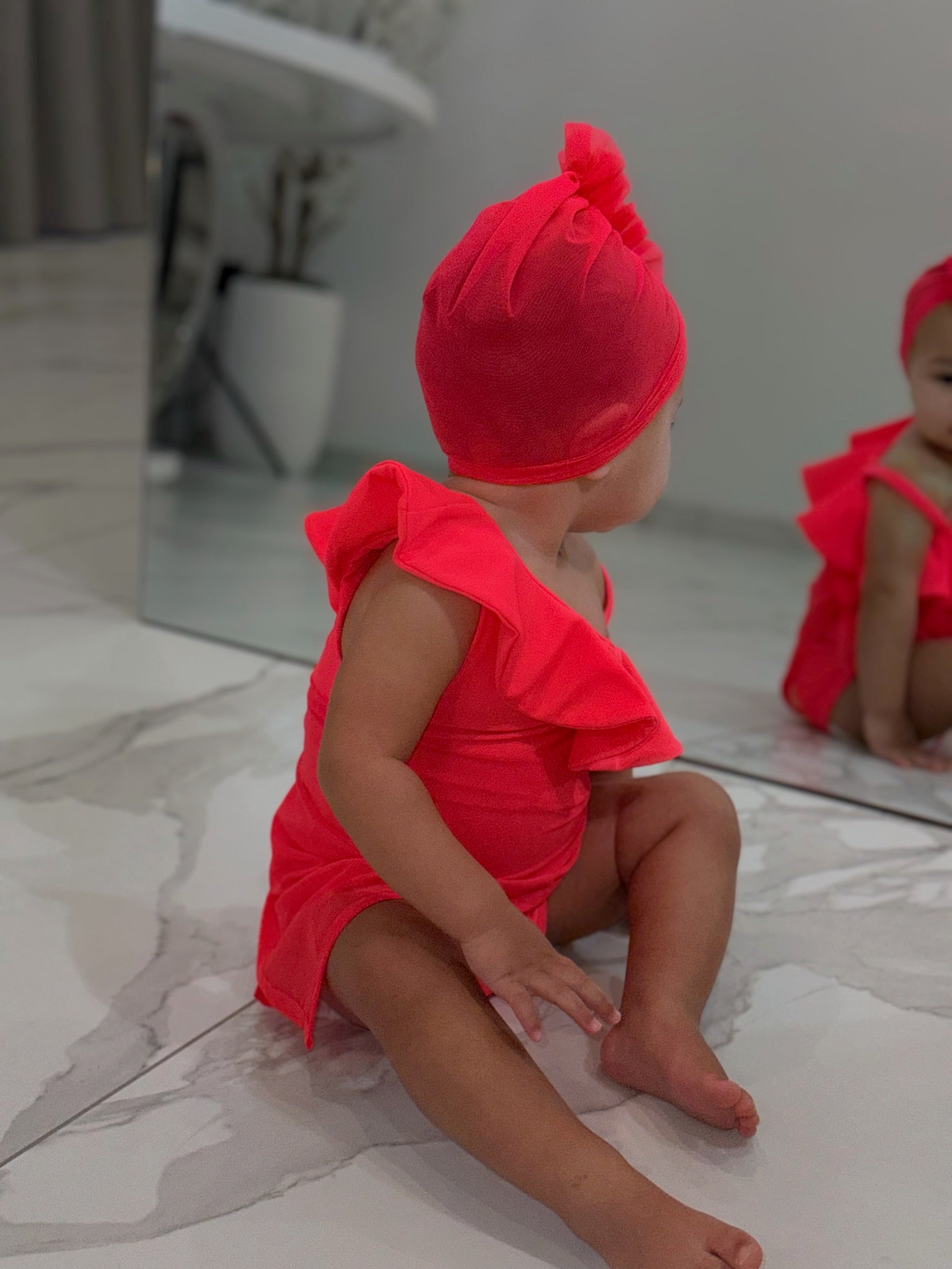 Mini Neon Red Ruffle Turban