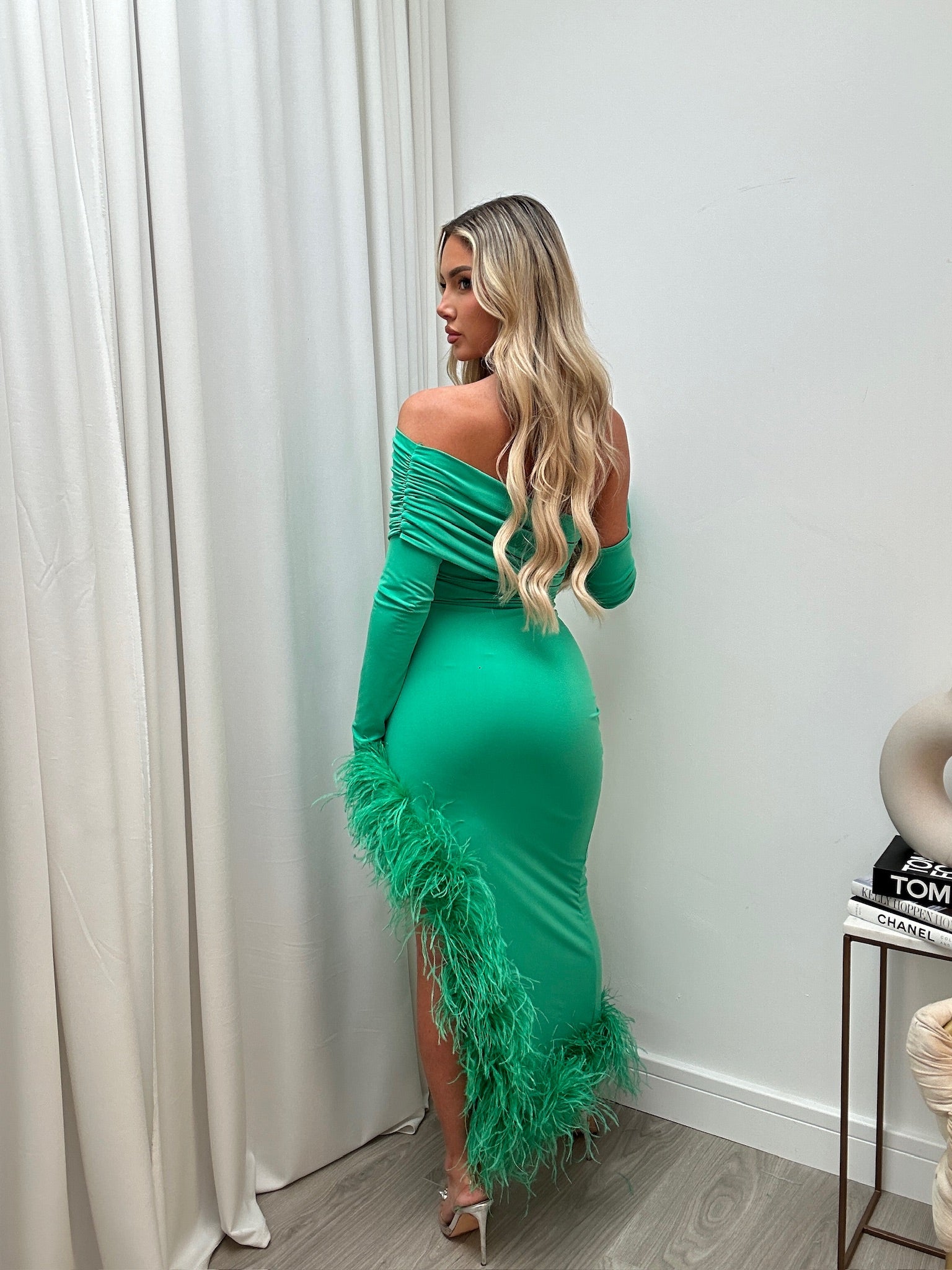April Two Sleeve Midi Ostrich Feather Dress emerald green