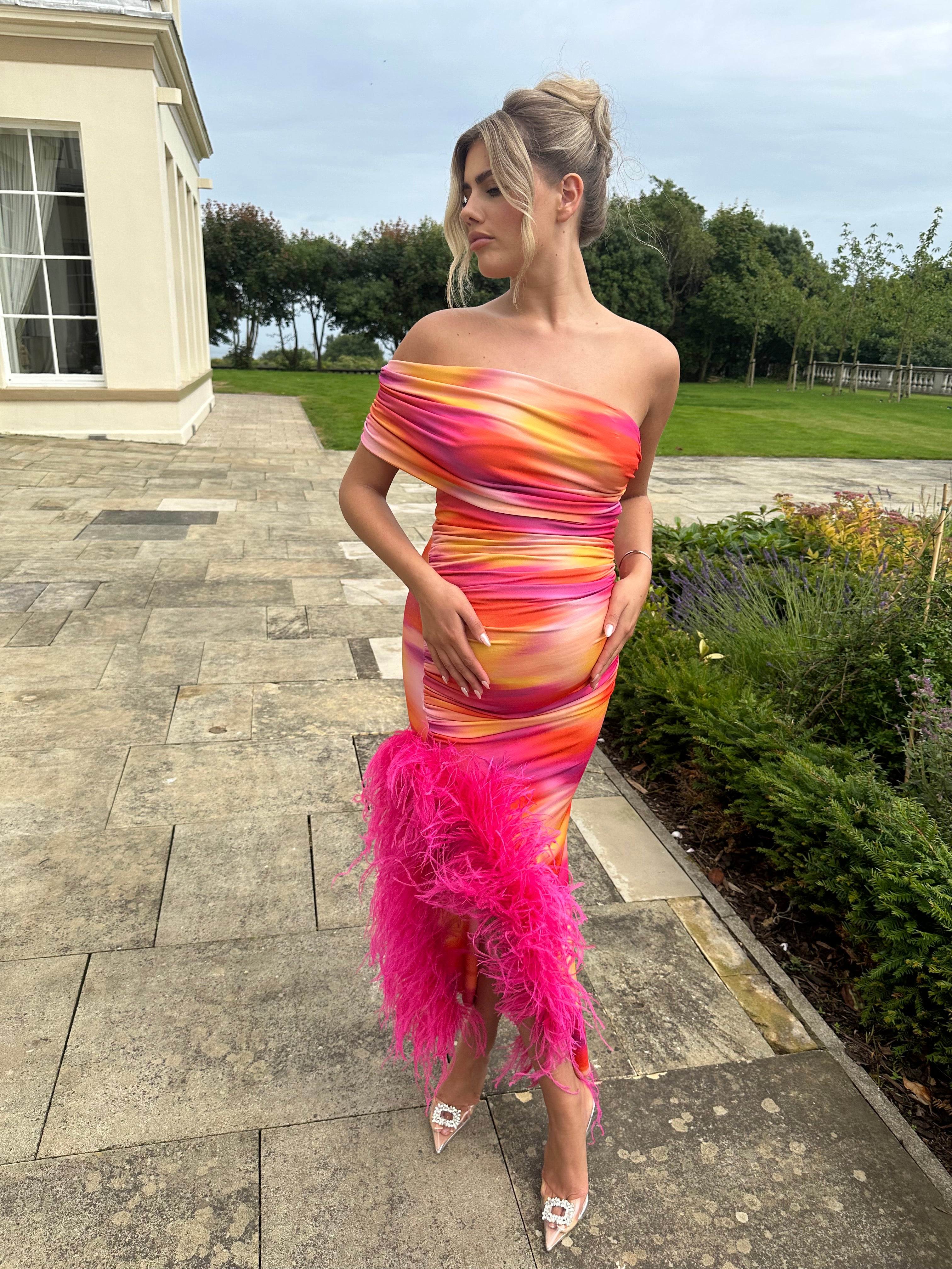 April Sleeveless Maternity Ostrich Feather Dress Pink Sunset