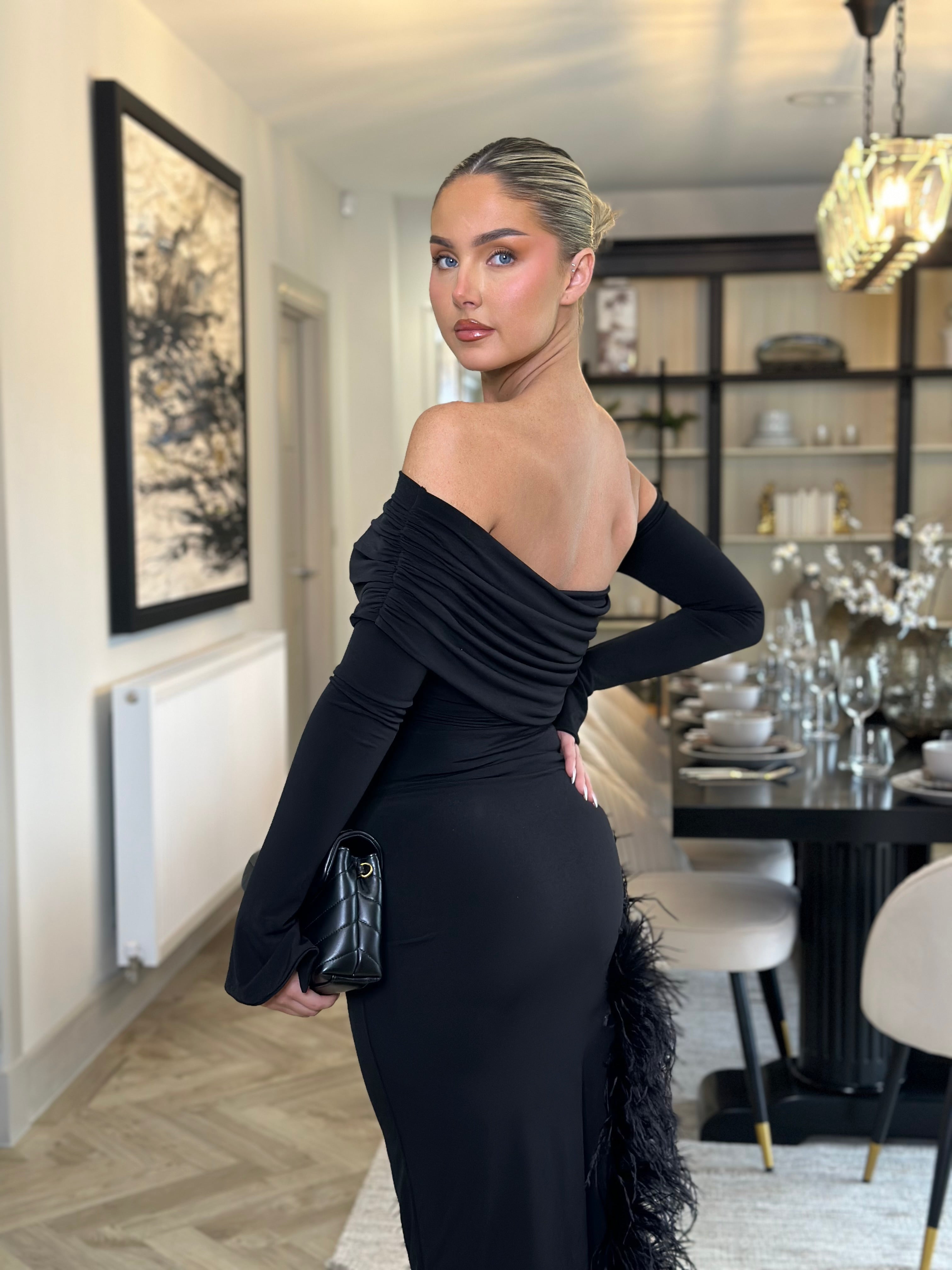 April Two Sleeve Maternity Ostrich Feather Dress Black