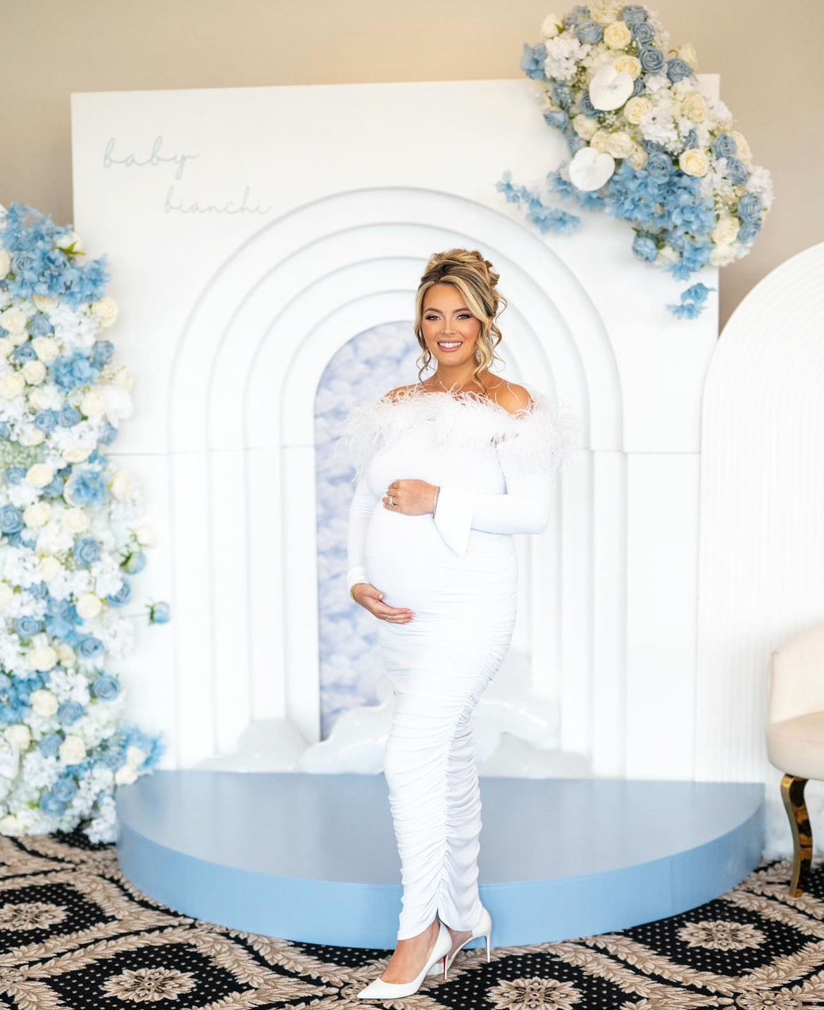 Carrie Maternity Dress White | Ostrich Feathers