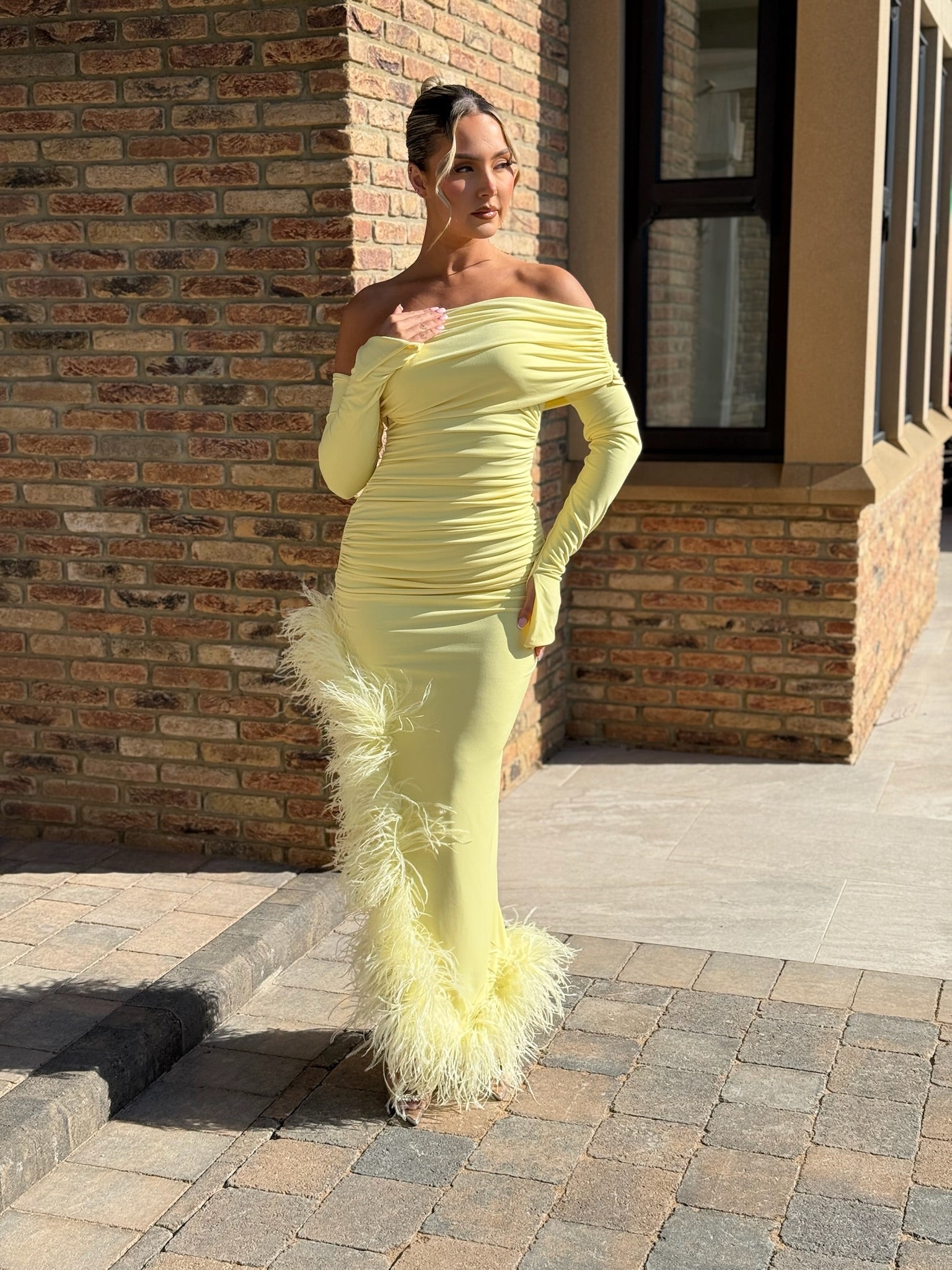 April Two Sleeve Midi Ostrich Feather Dress Yellow