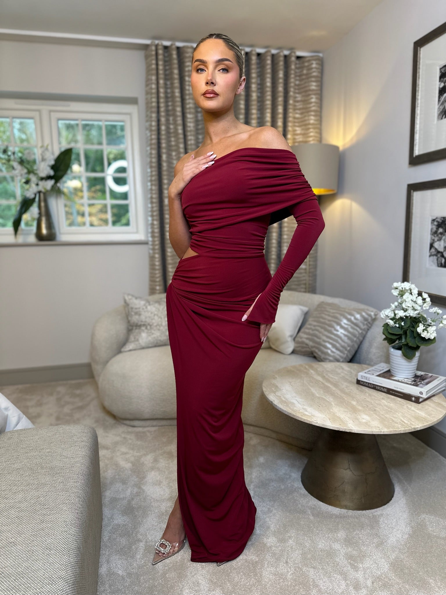 Olivia Asymmetric one sleeve Dress wine