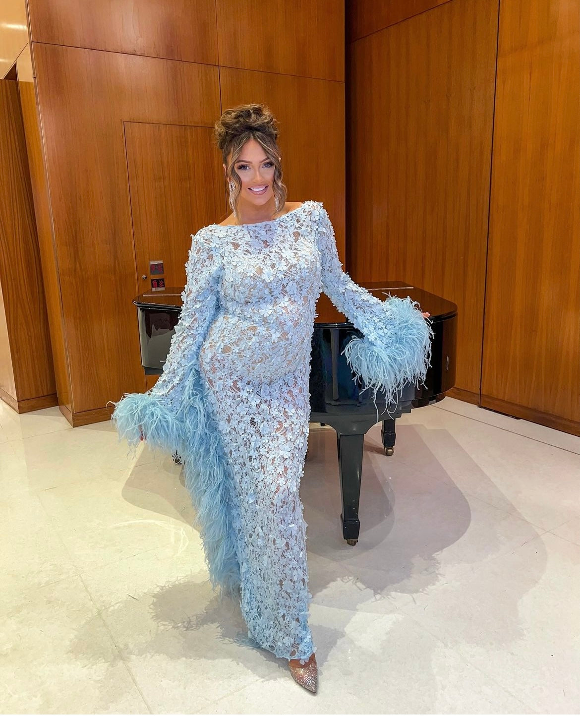 Claudia Ostrich Feather Sleeve Maternity Dress Baby Blue