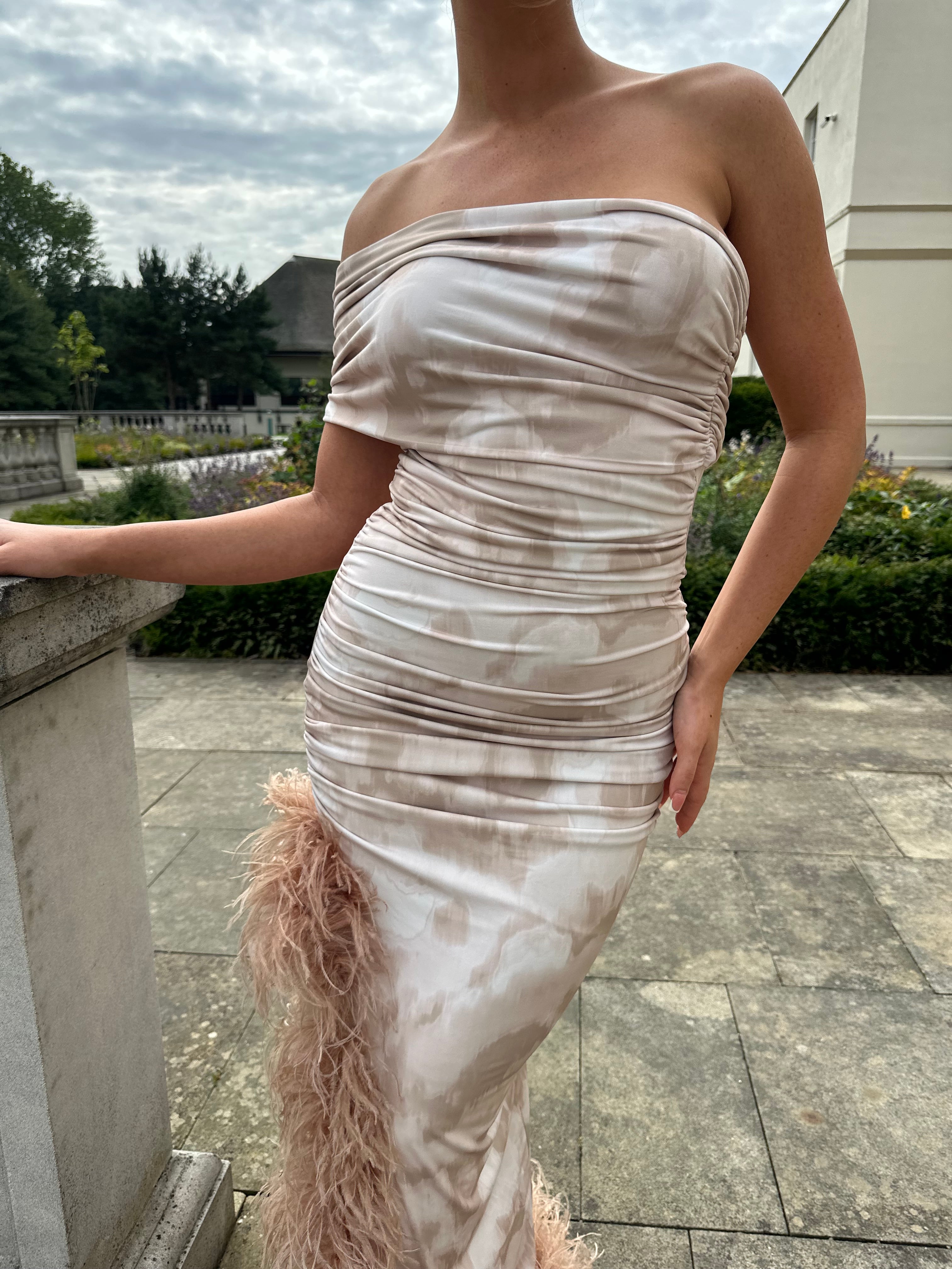 April Sleeveless Midi Ostrich Feather Dress Nude Smudge