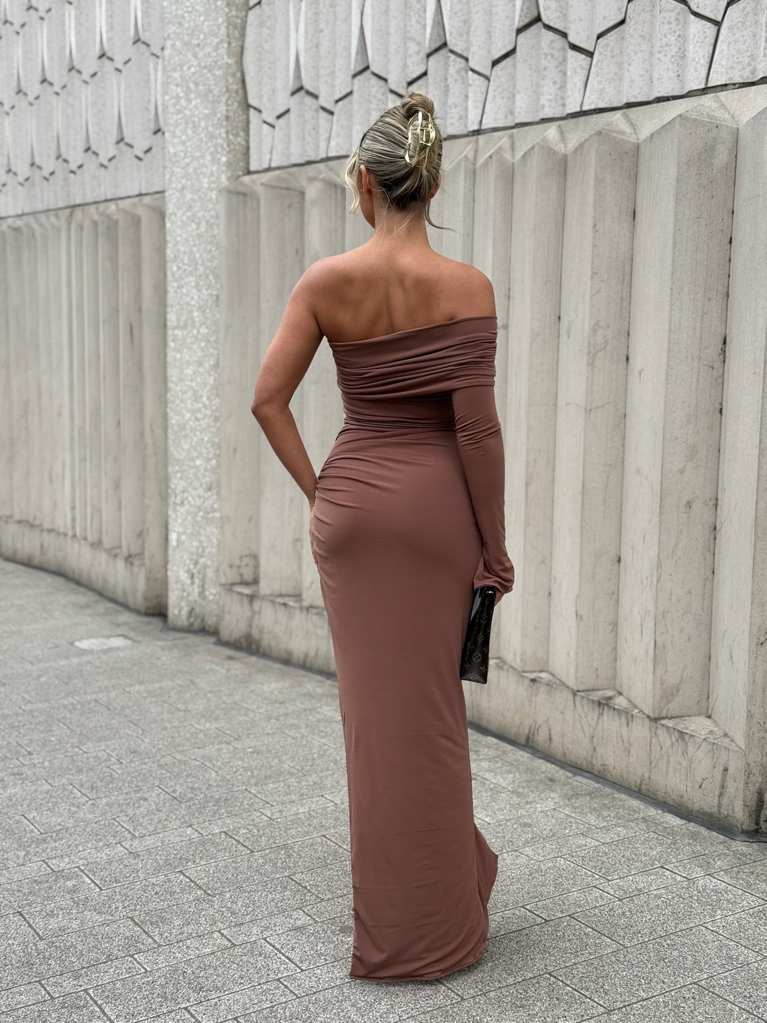 Olivia Asymmetric one sleeve Dress Almond Brown