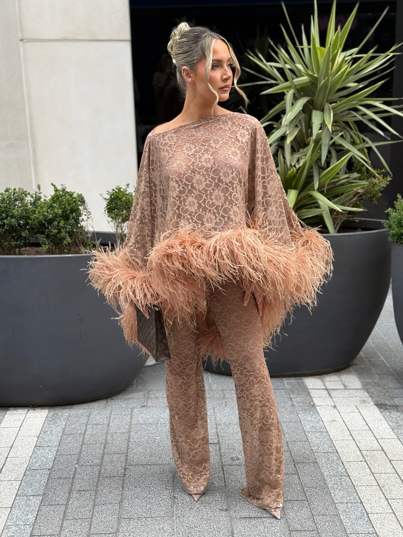 Kylie Cape Trouser Set Beige Lace