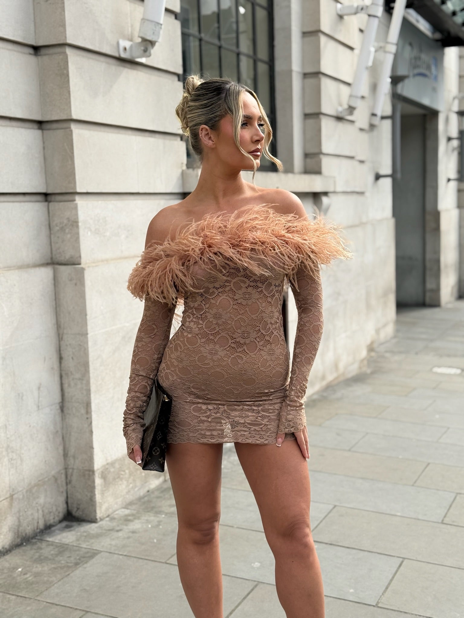 Carrie Ostrich Mini Dress Beige Lace