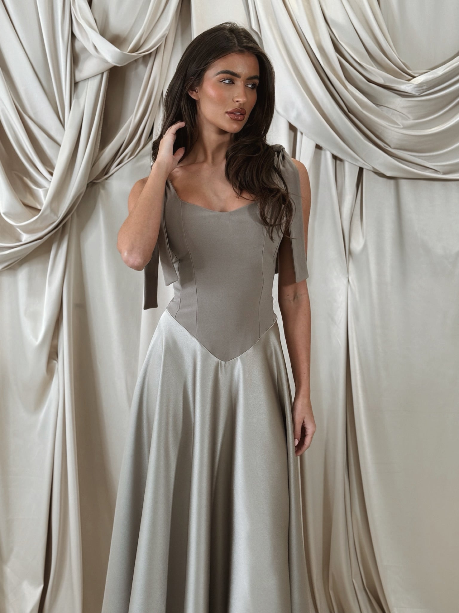 Sienna Corset Tie Strap Long Dress Chinchilla