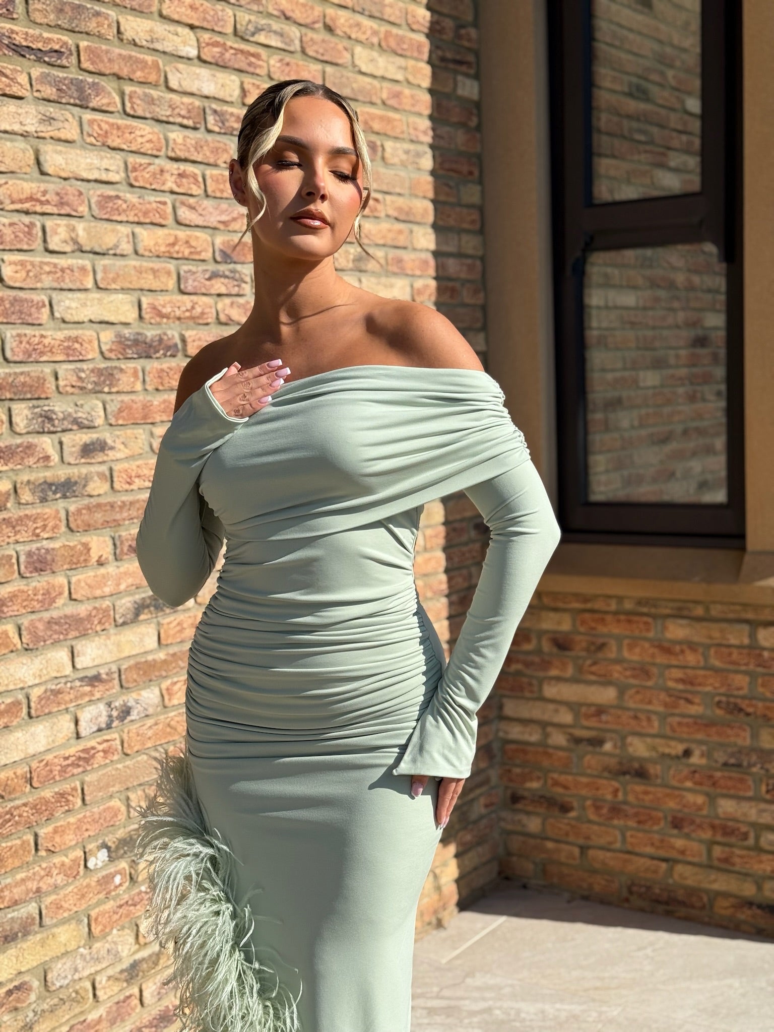 April Two Sleeve Midi Ostrich Feather Dress Matcha