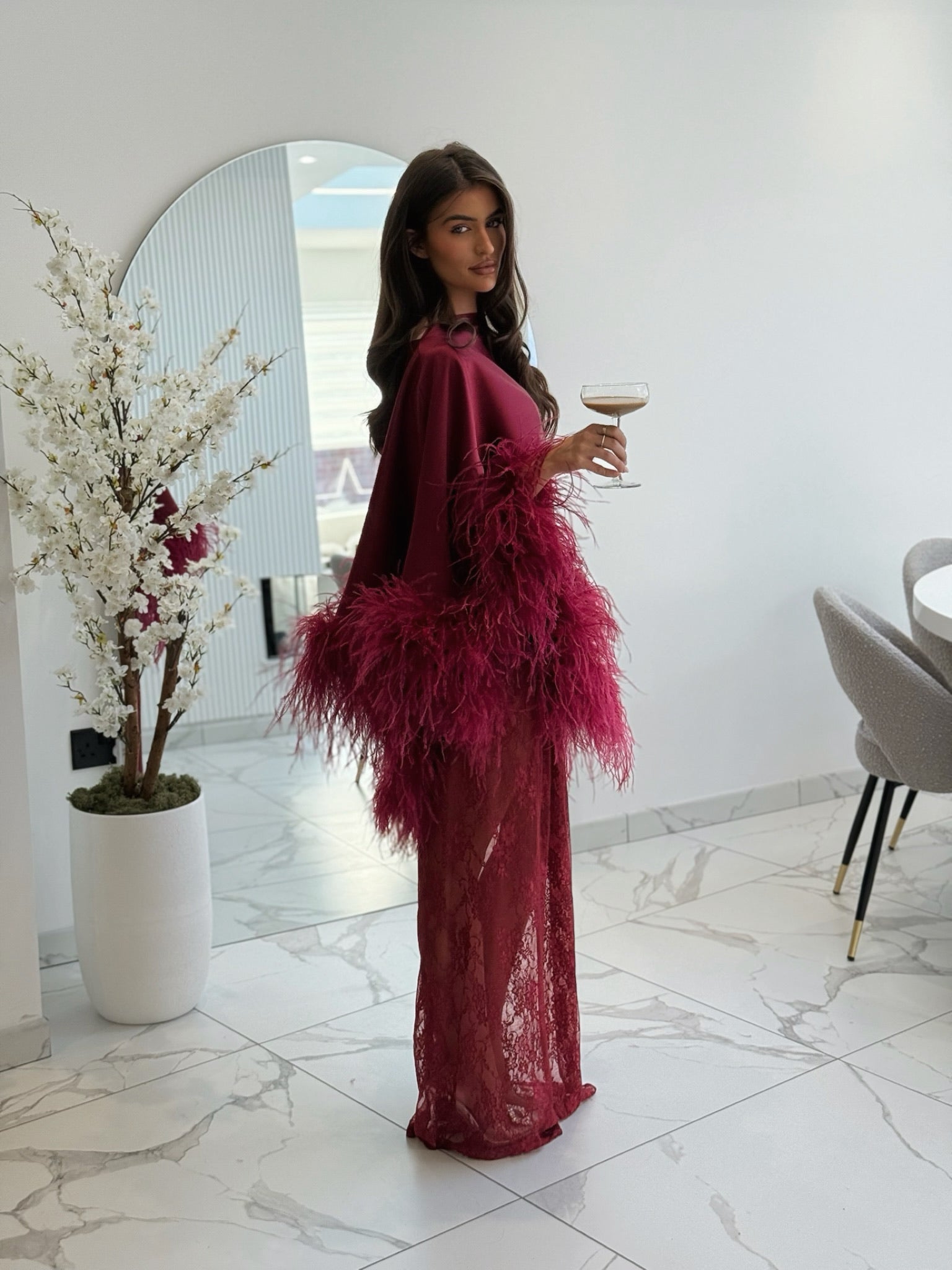 Amina Cape Skirt Set Wine