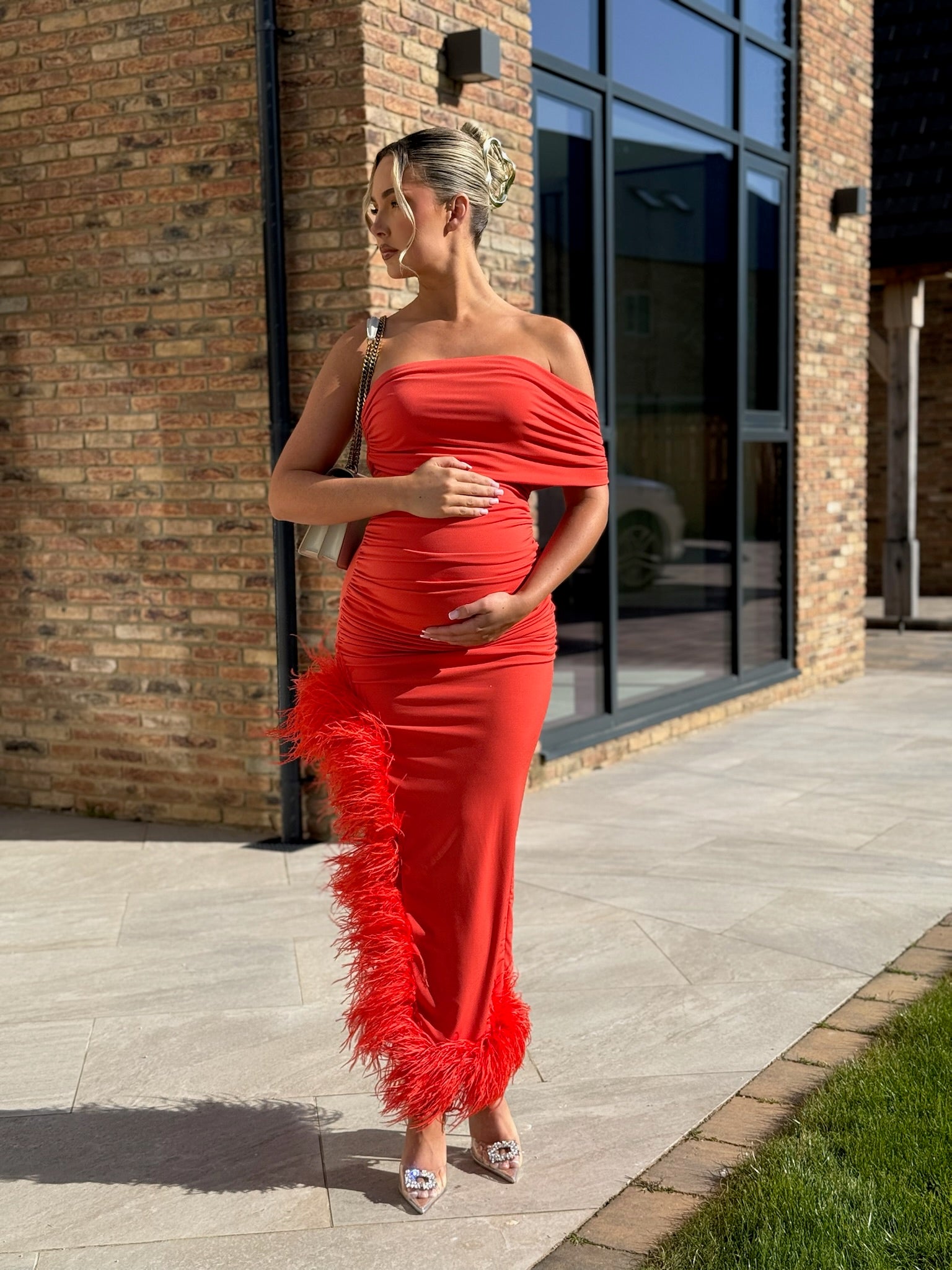April Sleeveless Maternity Ostrich Feather Dress Blood Orange