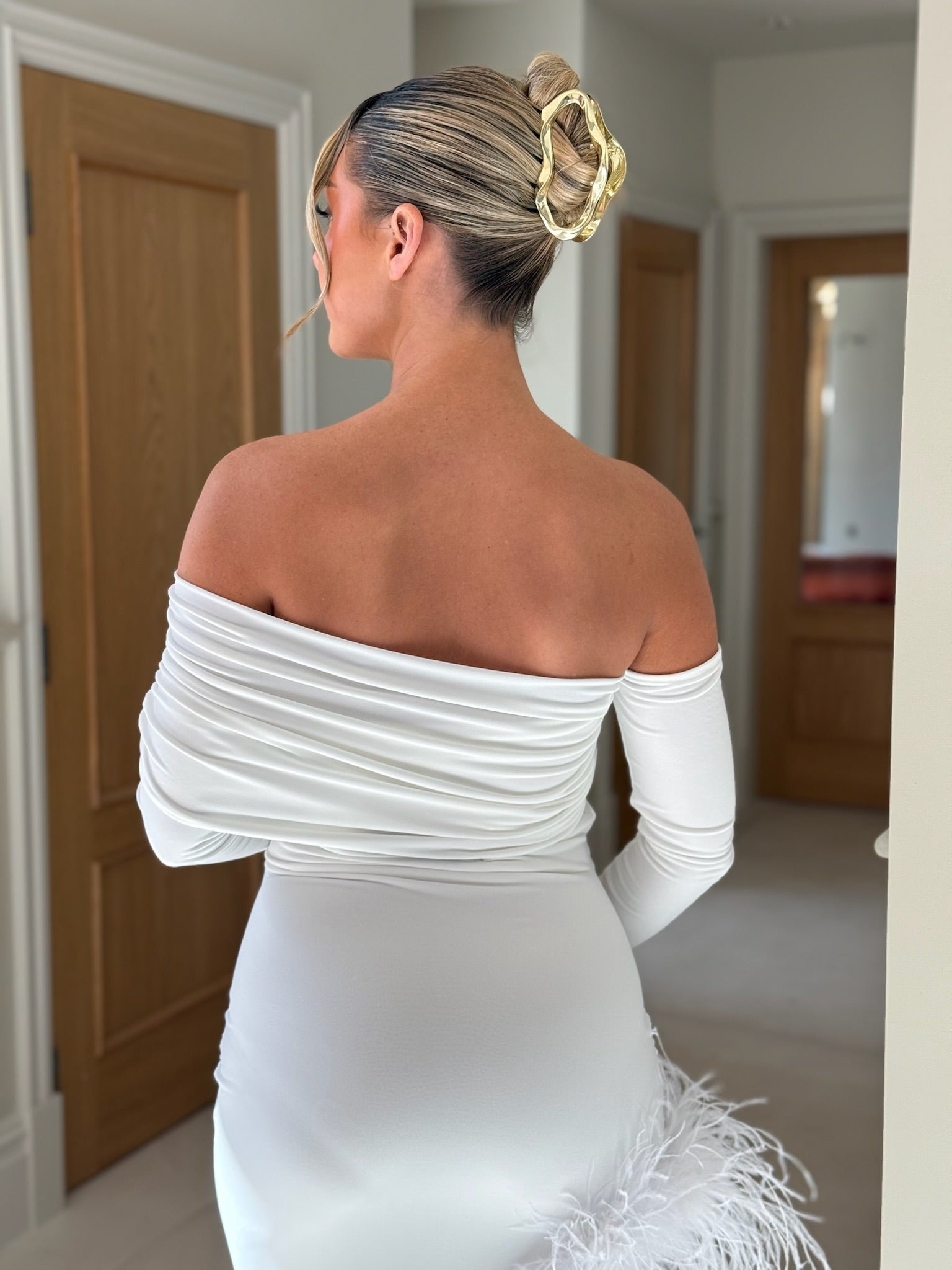 April Two Sleeve Maternity Ostrich Feather Dress White