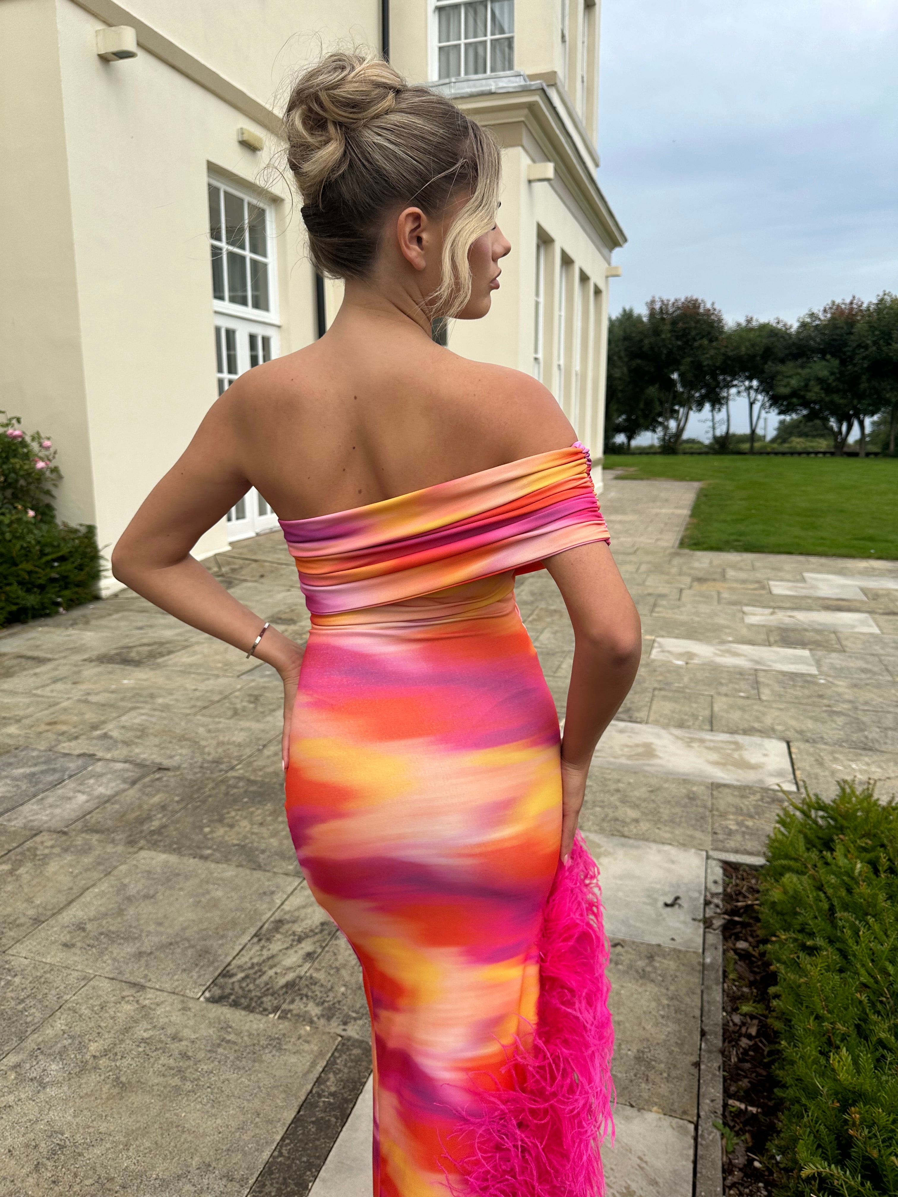 April Sleeveless Midi Ostrich Feather Dress Pink Sunset