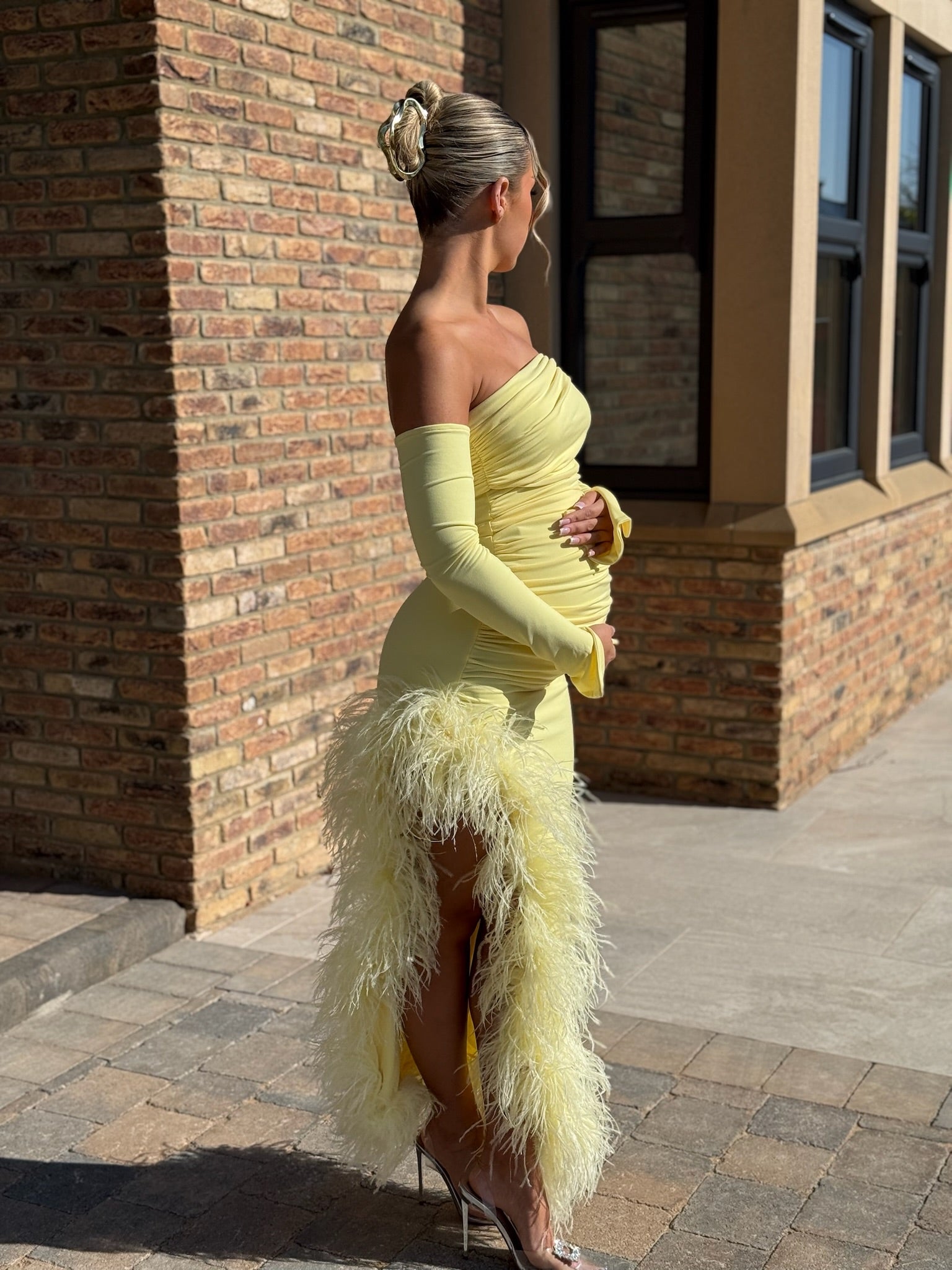 April Two Sleeve Maternity Ostrich Feather Dress Yellow