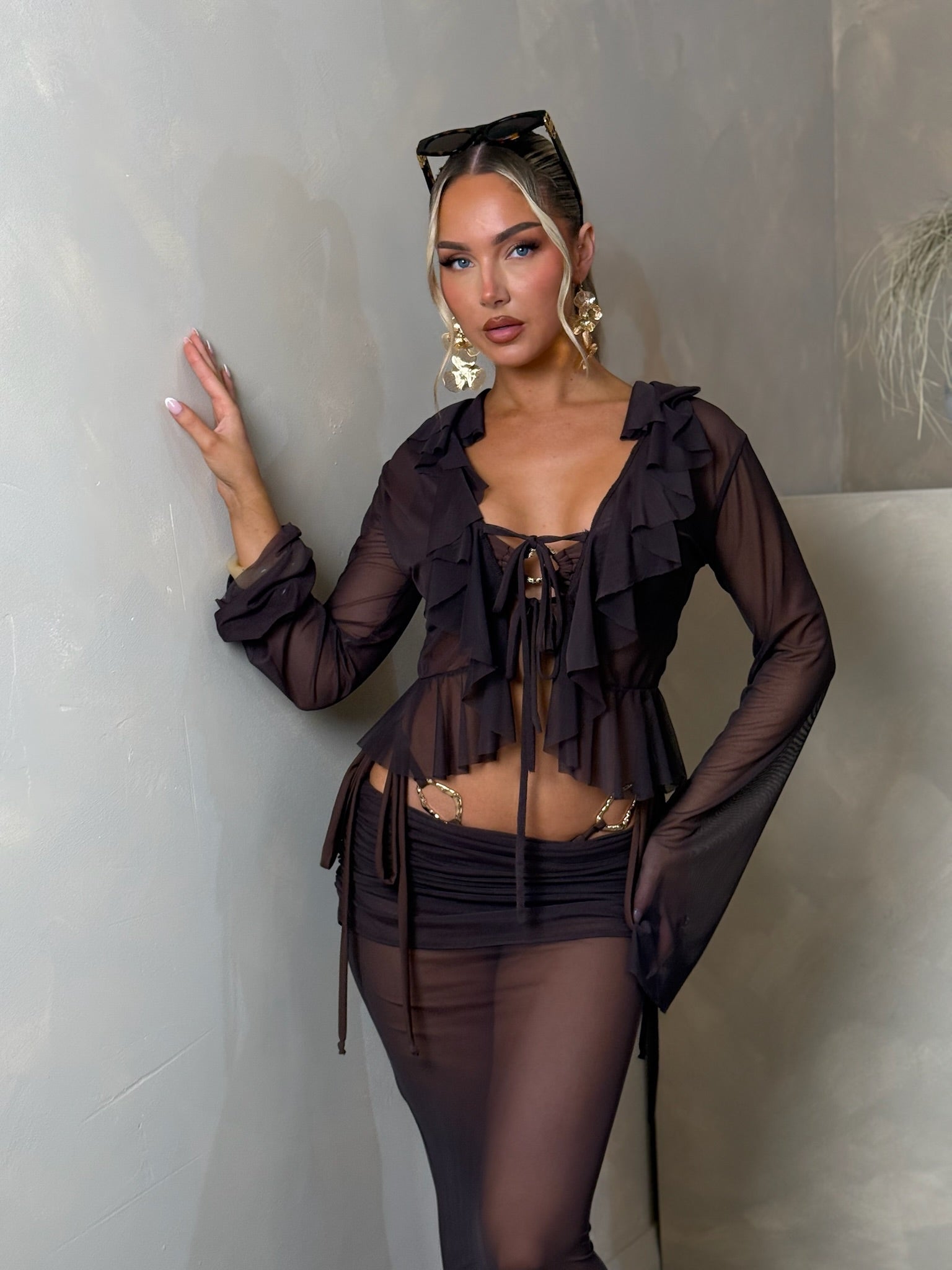 Chocolate Mesh ruffle top