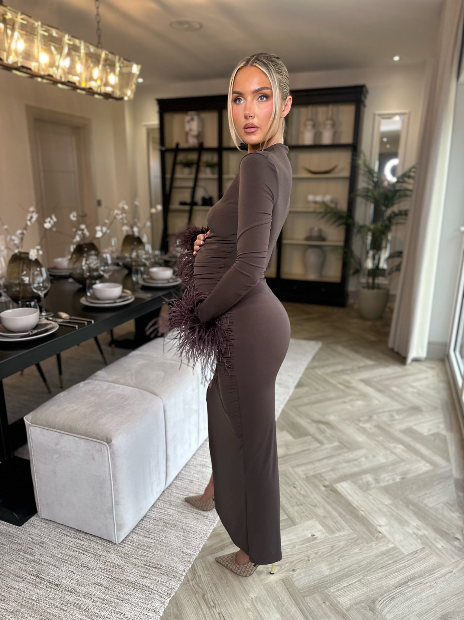 Kourtney Midi Ostrich Feather Maternity Dress Chocolate Brown