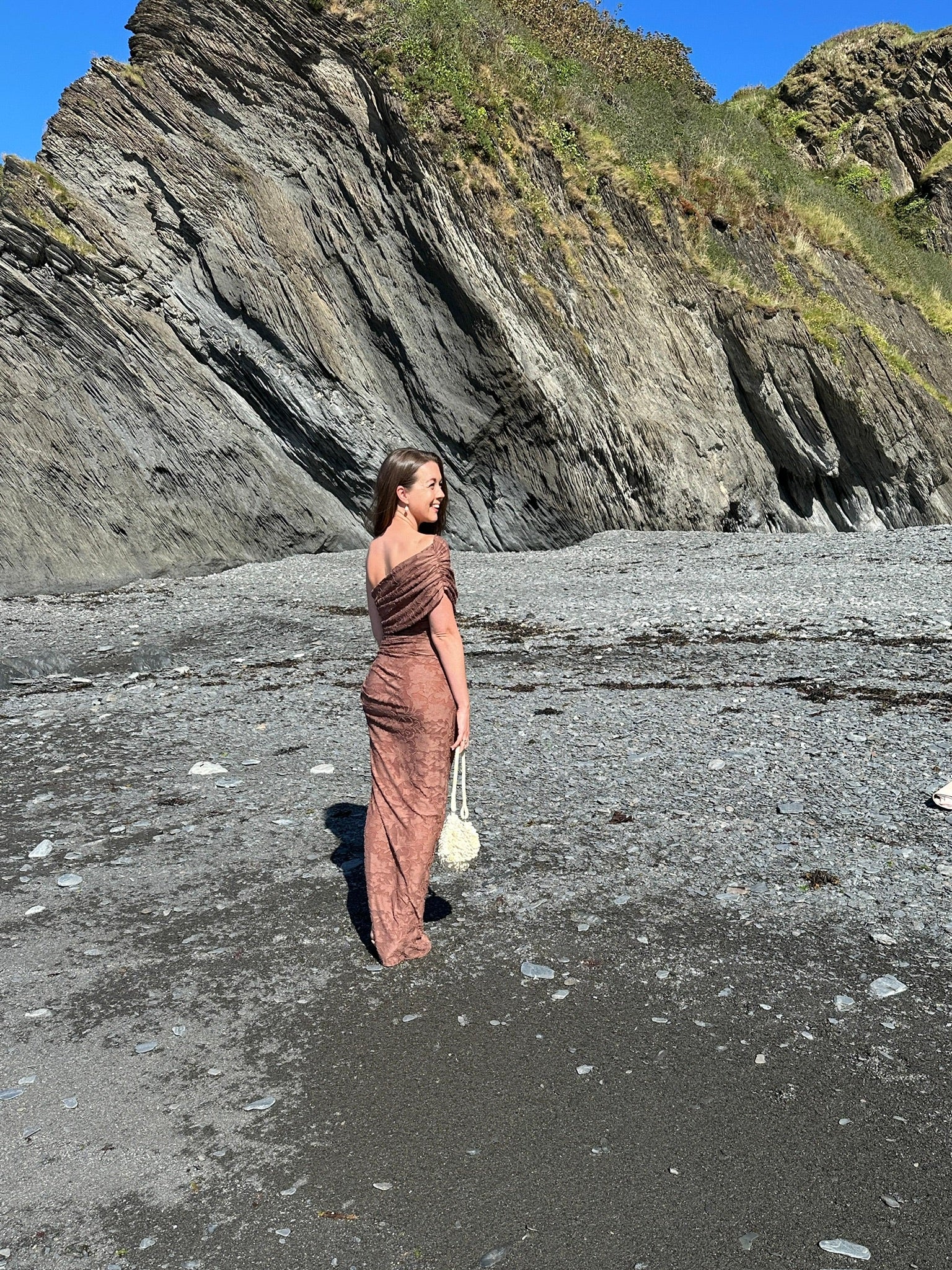 Olivia Asymmetric sleeveless Dress sheer Almond Brown