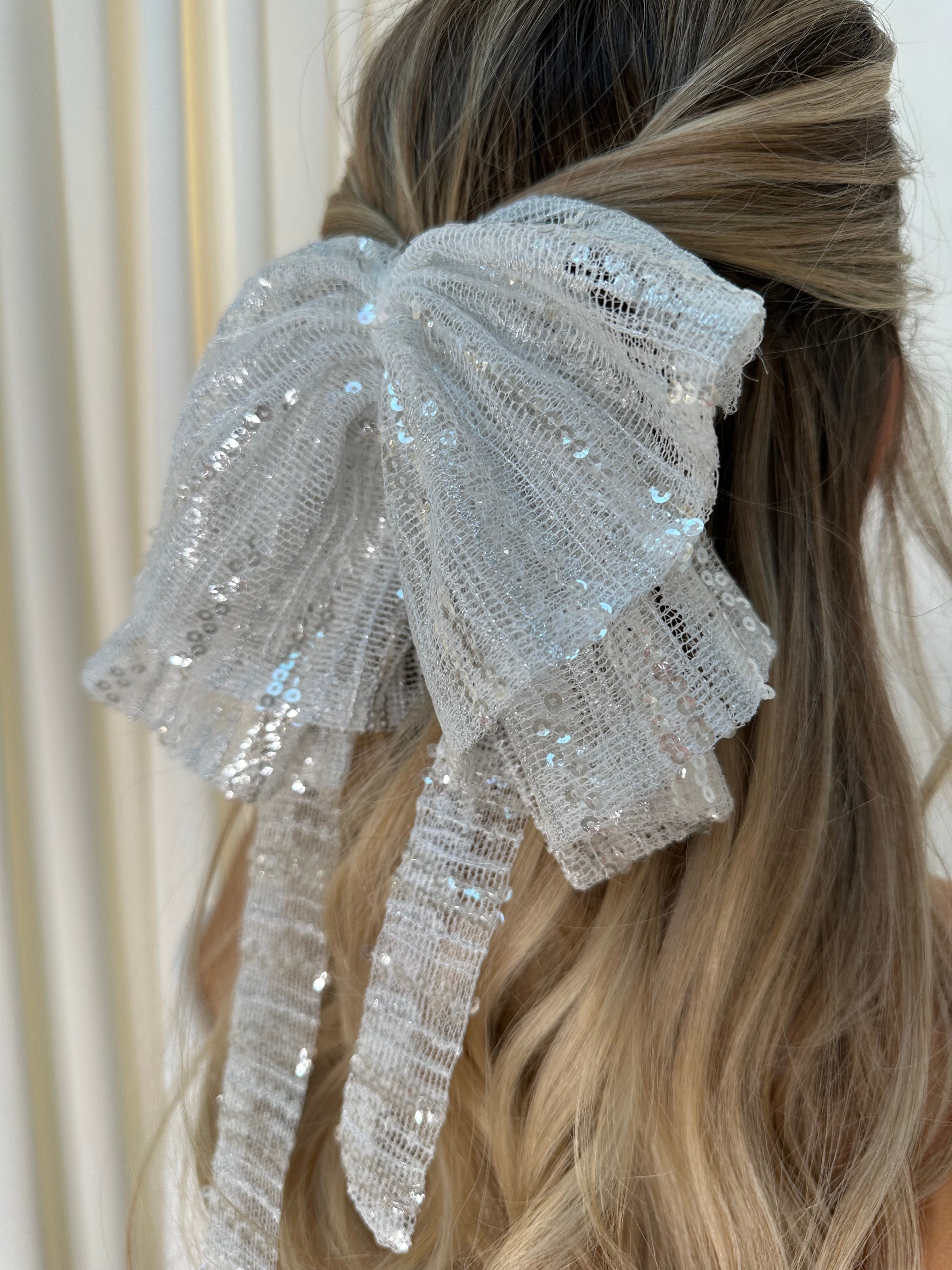 Hair Bow White Sequin