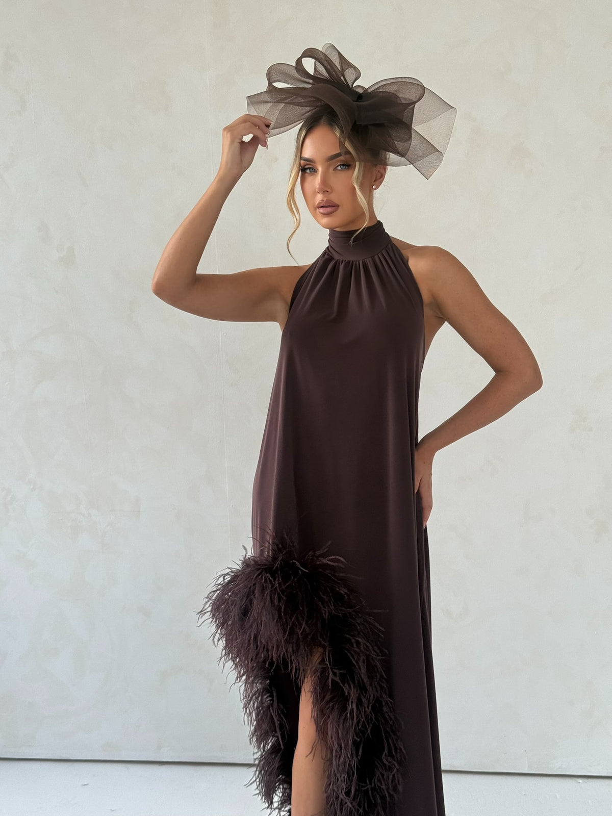 Aria Halter Neck Ostrich Feather Dress Chocolate