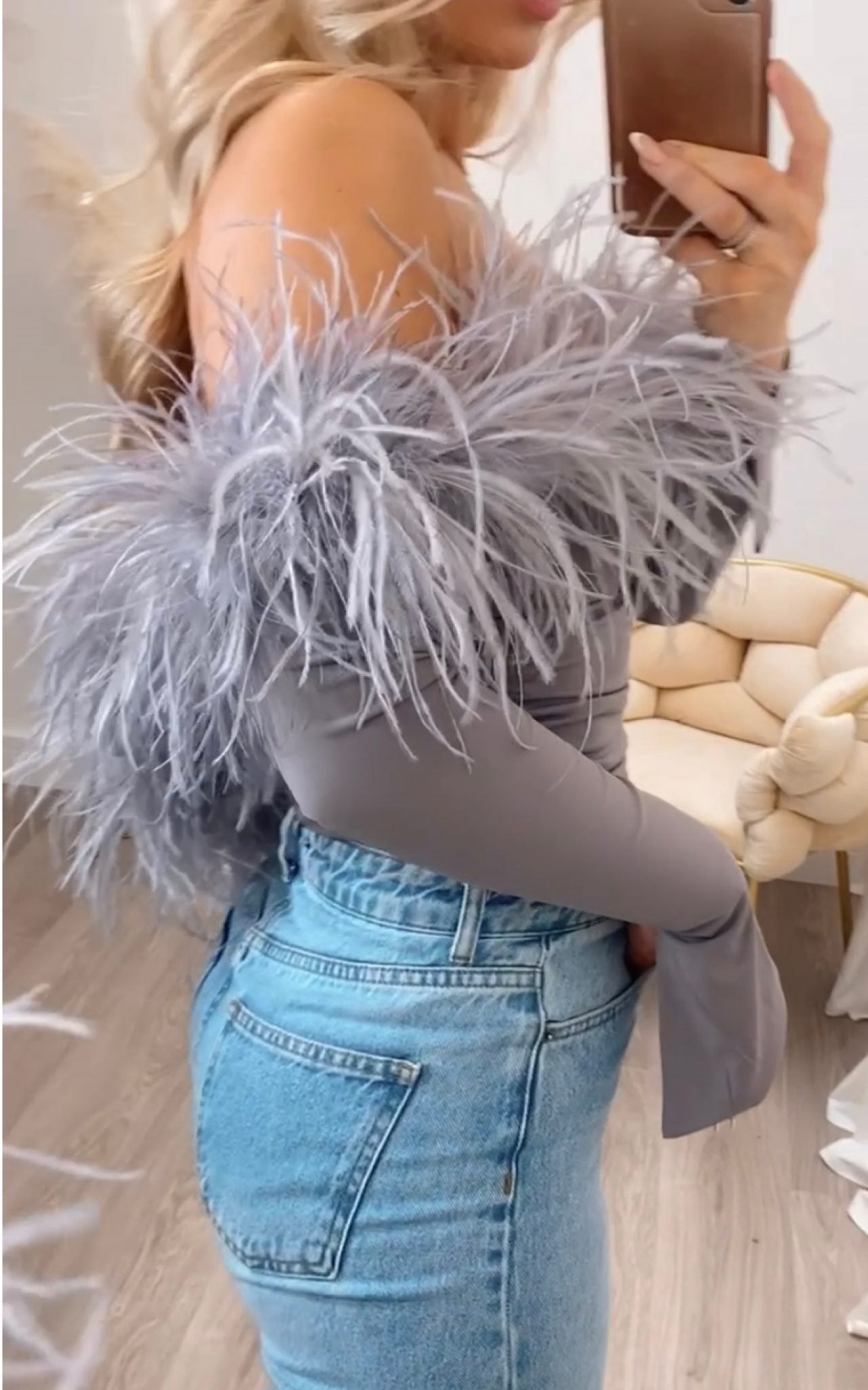 Carrie Ostrich Top Grey