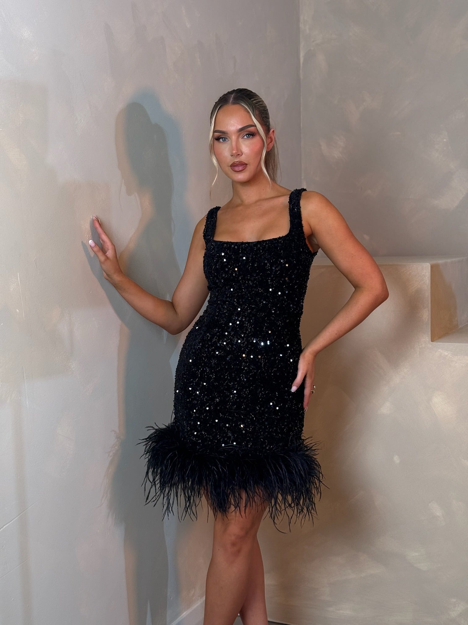 Sequin Feather Hem Mini Dress Black