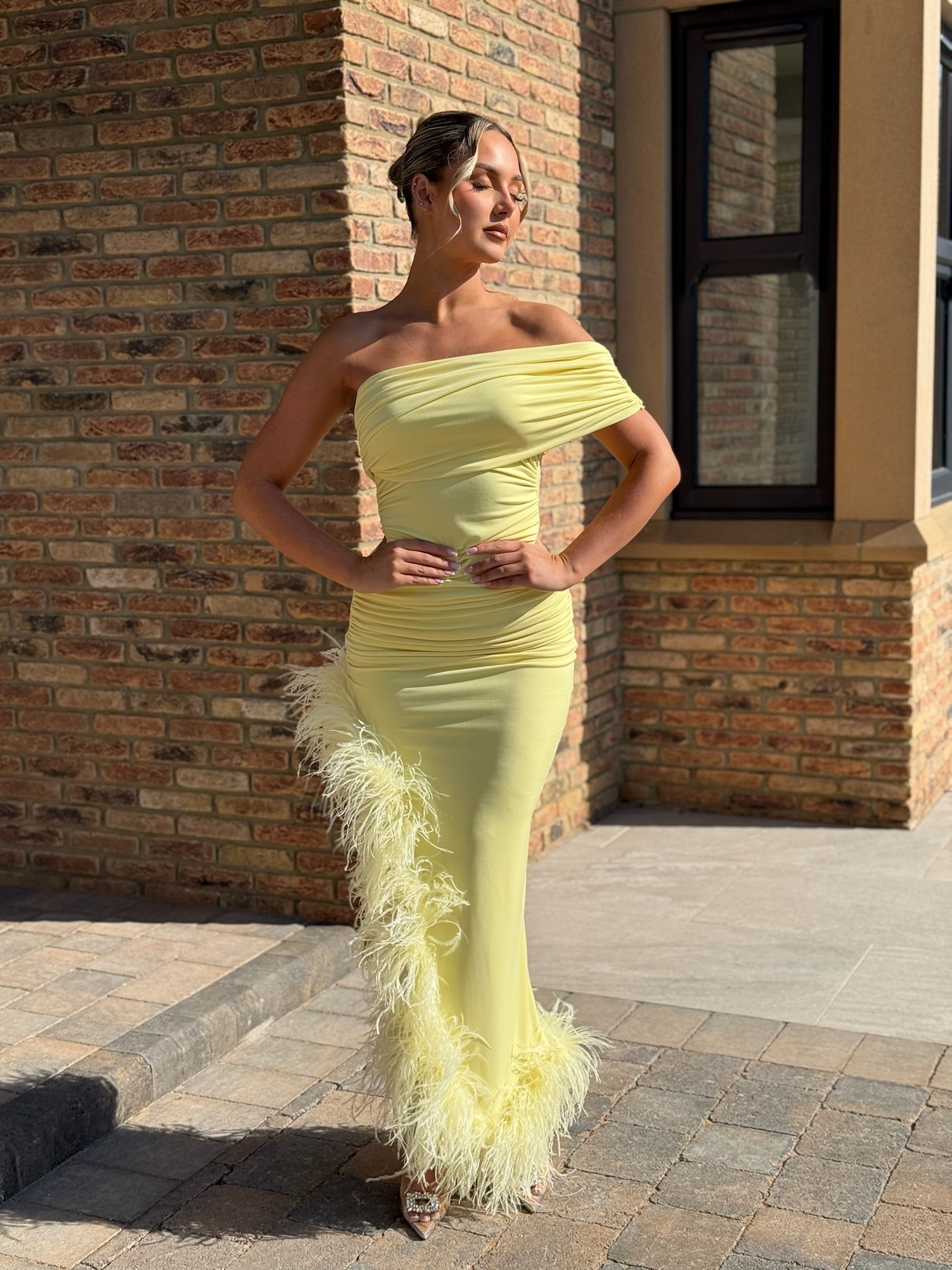yellow feather dress Yellow April Sleeveless Ostrich Feather Midi Dress | Luxury Dresses