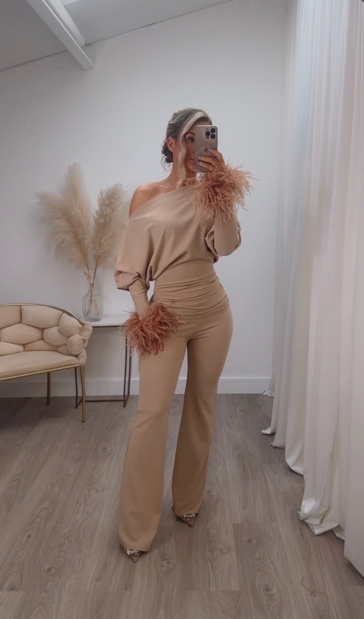 Arella Feather Jumpsuit Beige