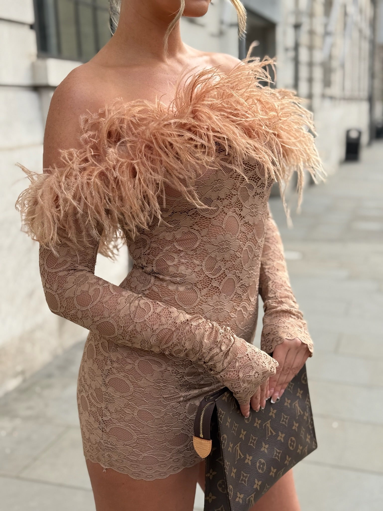 Carrie Ostrich Mini Dress Beige Lace